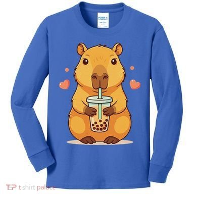 Cute Capybara Boba Tea Bubble Rodent Kids Long Sleeve Shirt