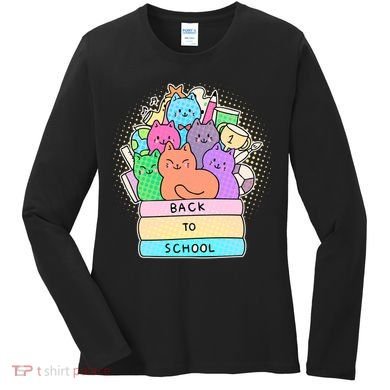 Cute Colorful Back to School Book Cats Women's Long Sleeve Shirt