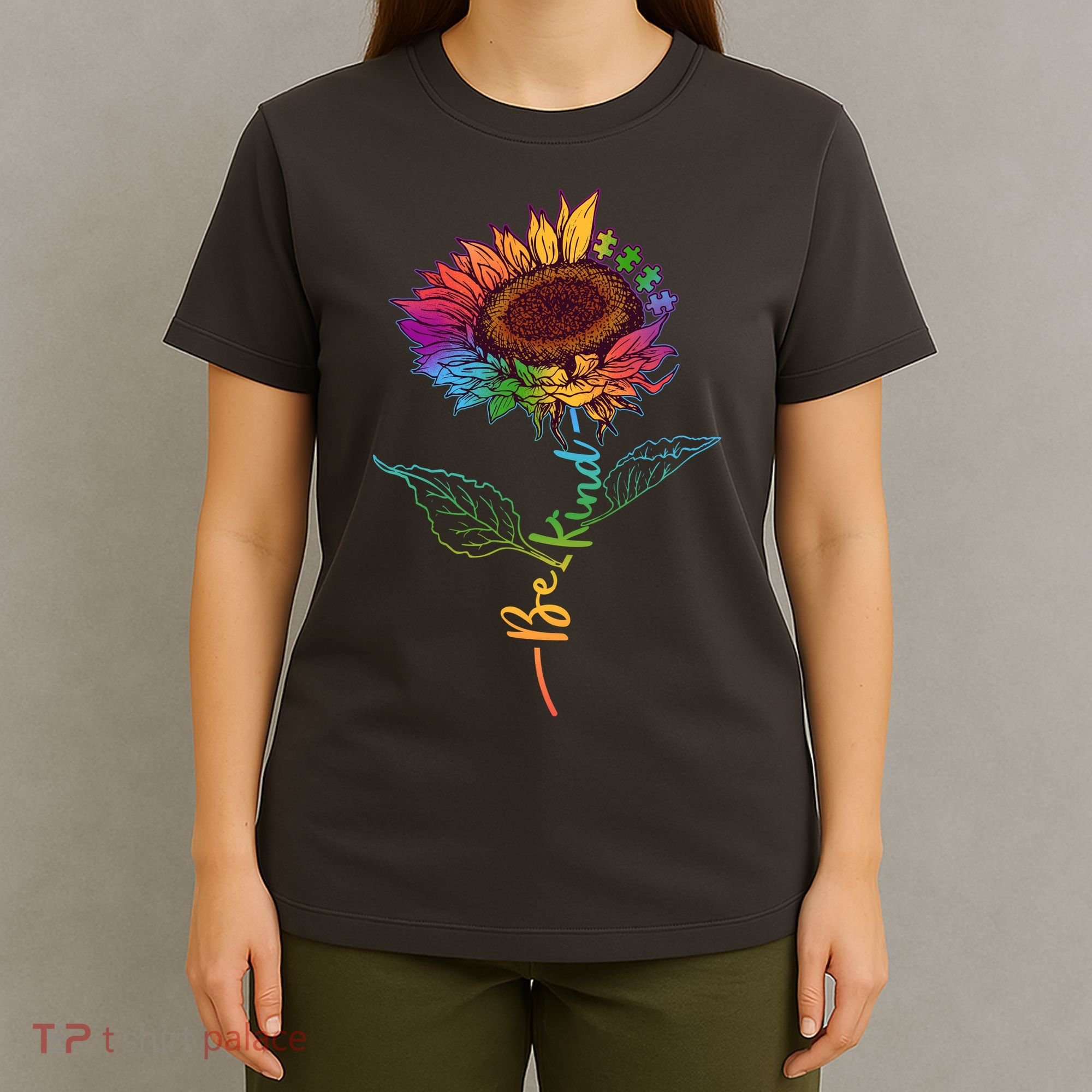 Cute Colorful Be Kind Rainbow Sunflower Puzzle Pieces T-Shirt