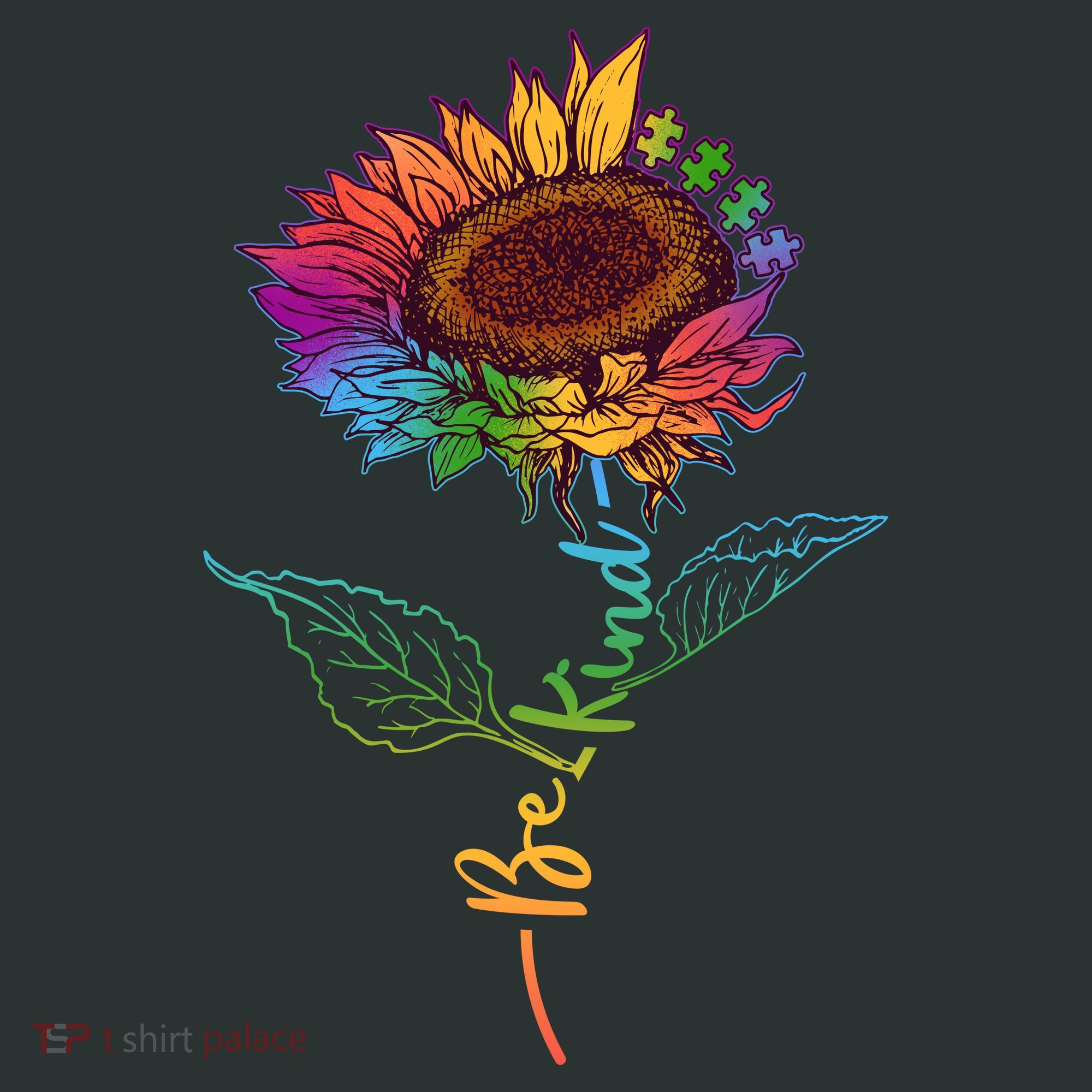 Cute Colorful Be Kind Rainbow Sunflower Puzzle Pieces T-Shirt