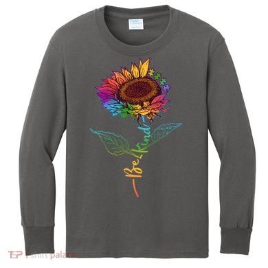 Cute Colorful Be Kind Rainbow Sunflower Puzzle Pieces Kids Long Sleeve Shirt