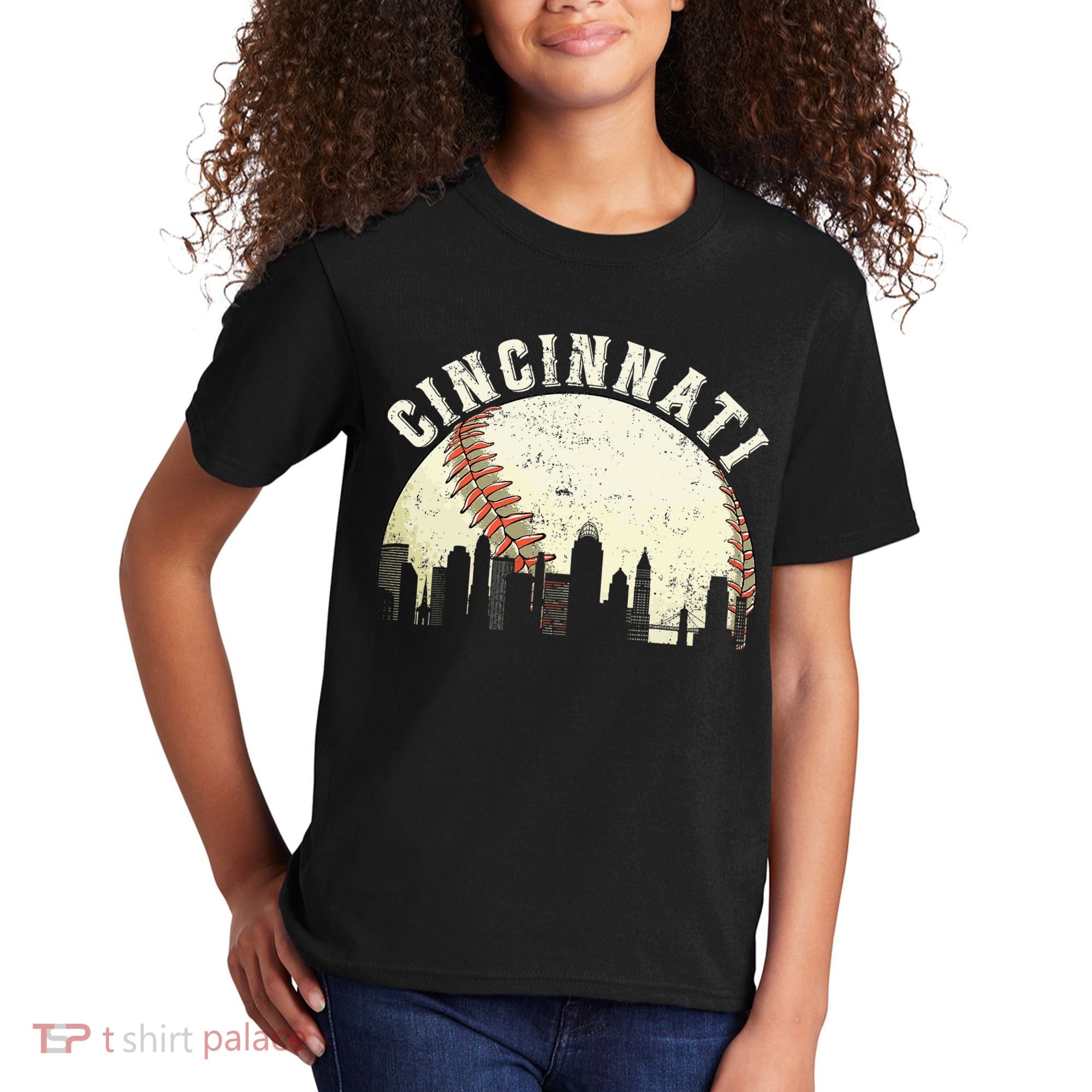Cincinnati Cityscape Baseball Lover Women Kids T-Shirt