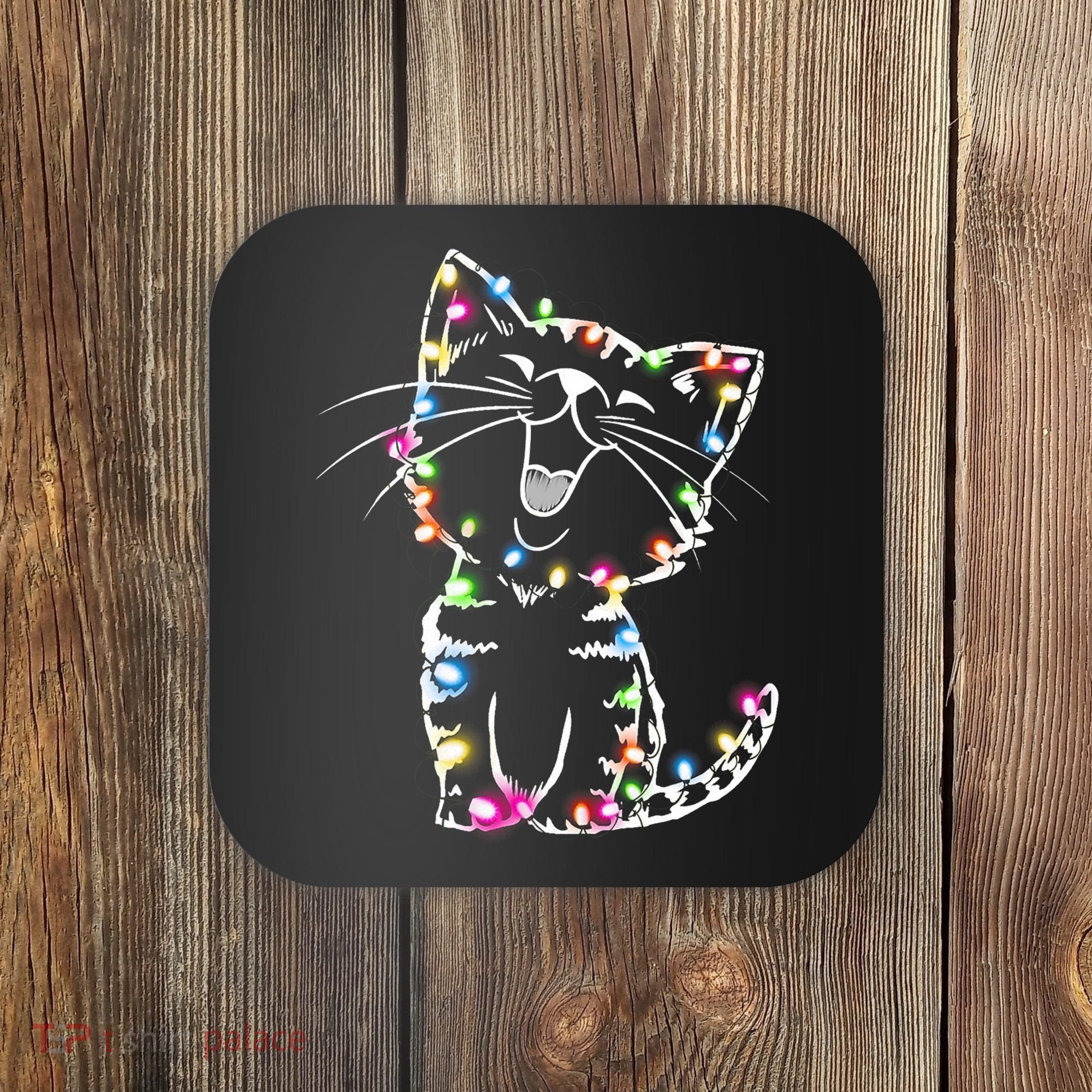 Cute Cat Christmas Lights Funny Xmas Coaster