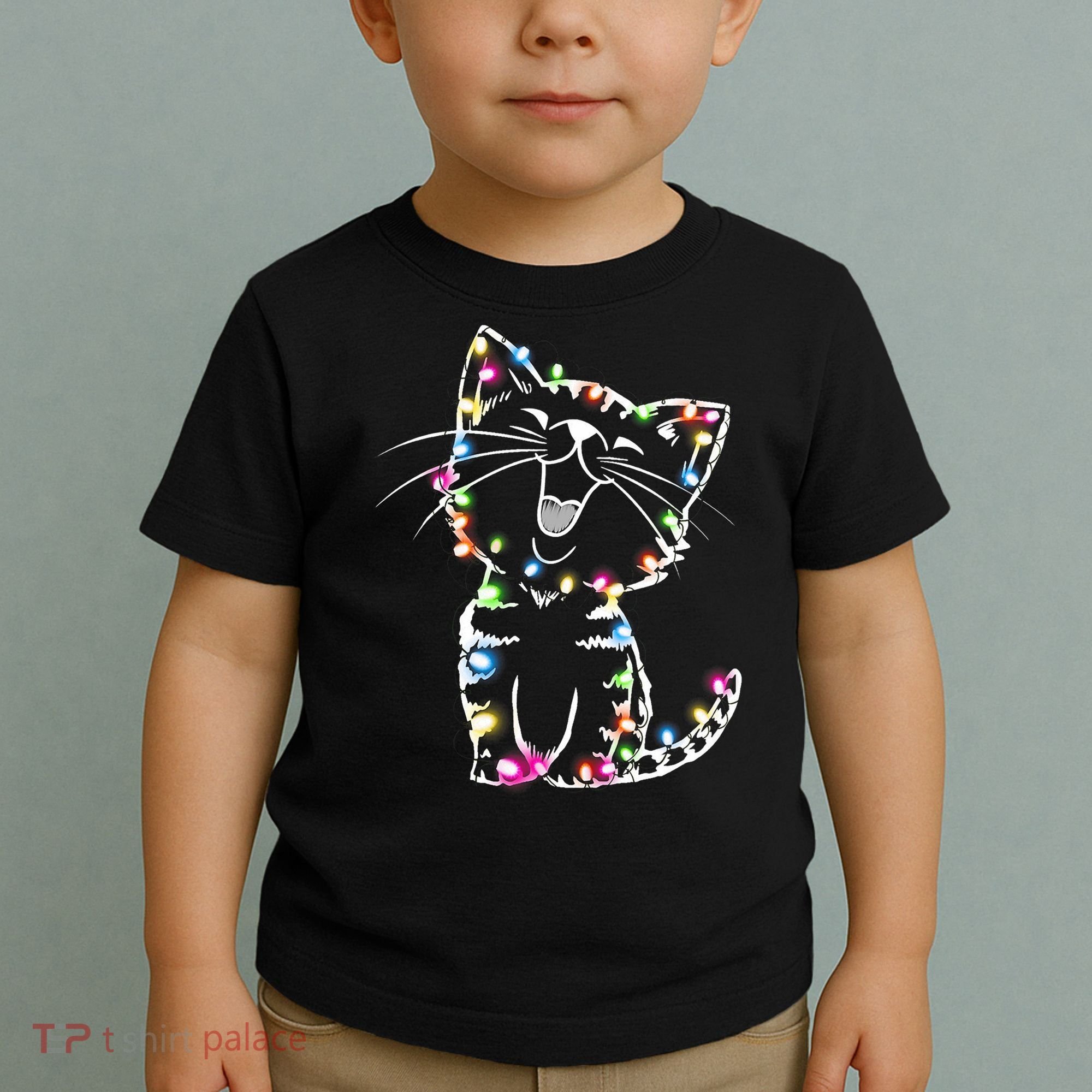 Cute Cat Christmas Lights Funny Xmas Toddler T-Shirt