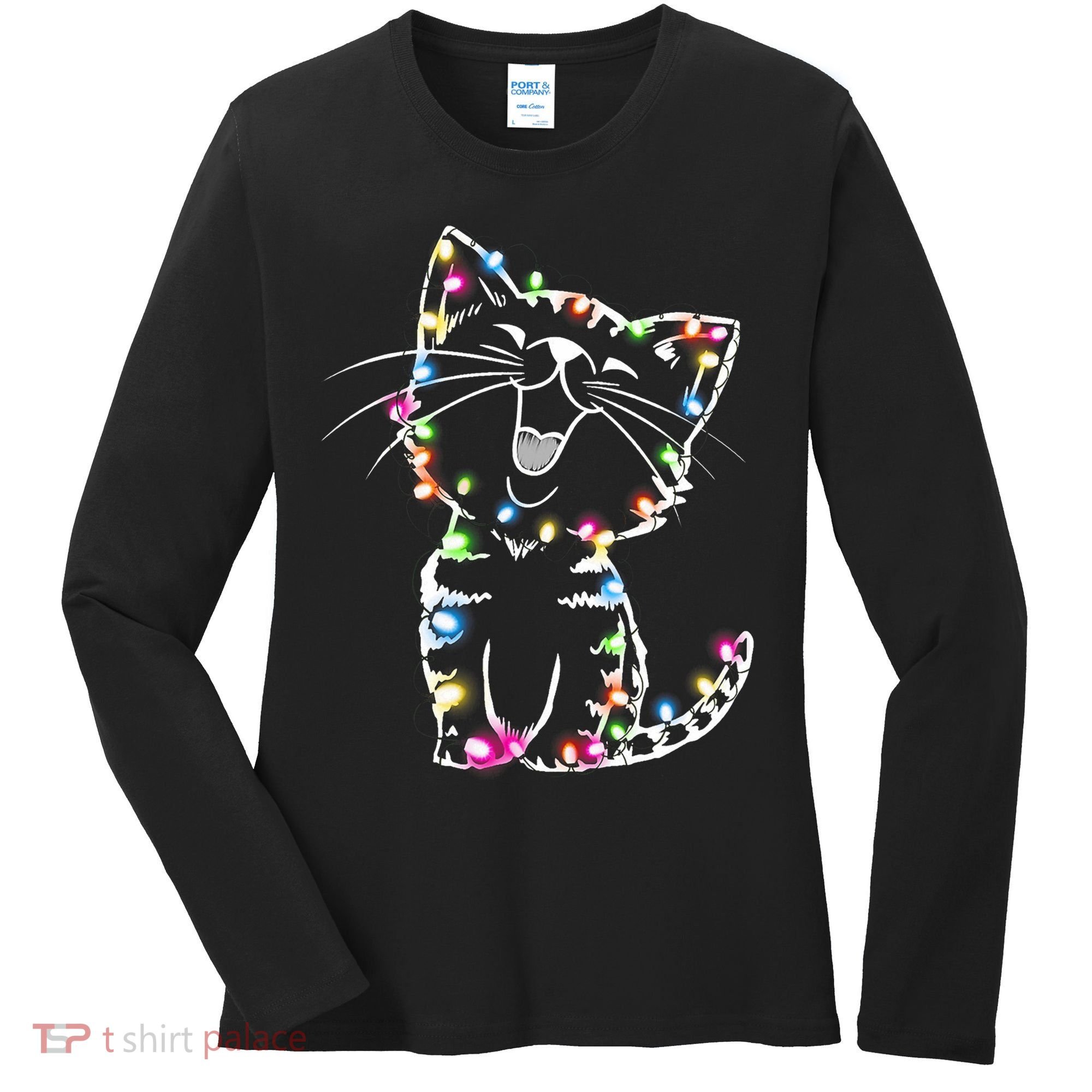 Cute Cat Christmas Lights Funny Xmas Women's Long Sleeve Shirt