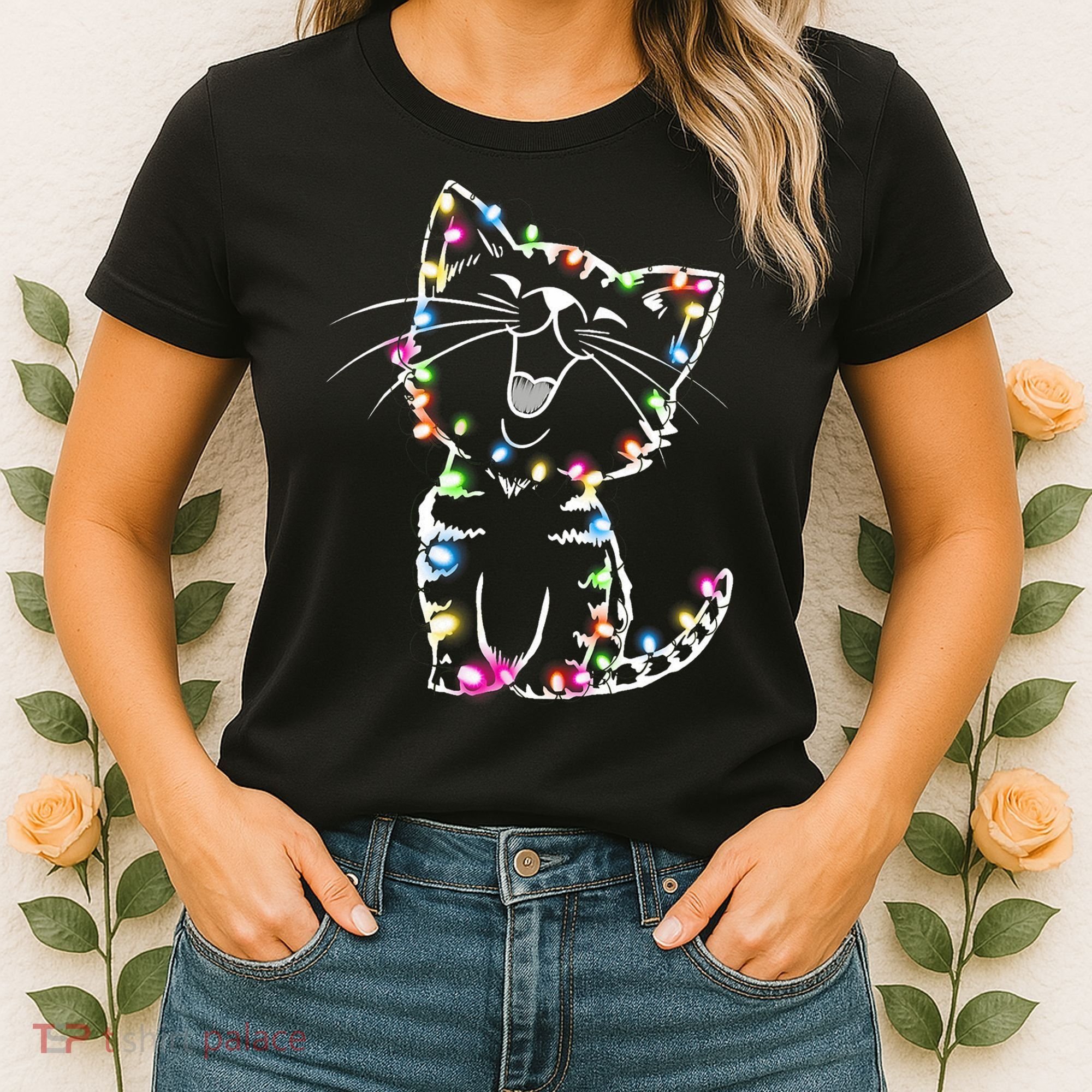 Cute Cat Christmas Lights Funny Xmas Women's T-Shirt