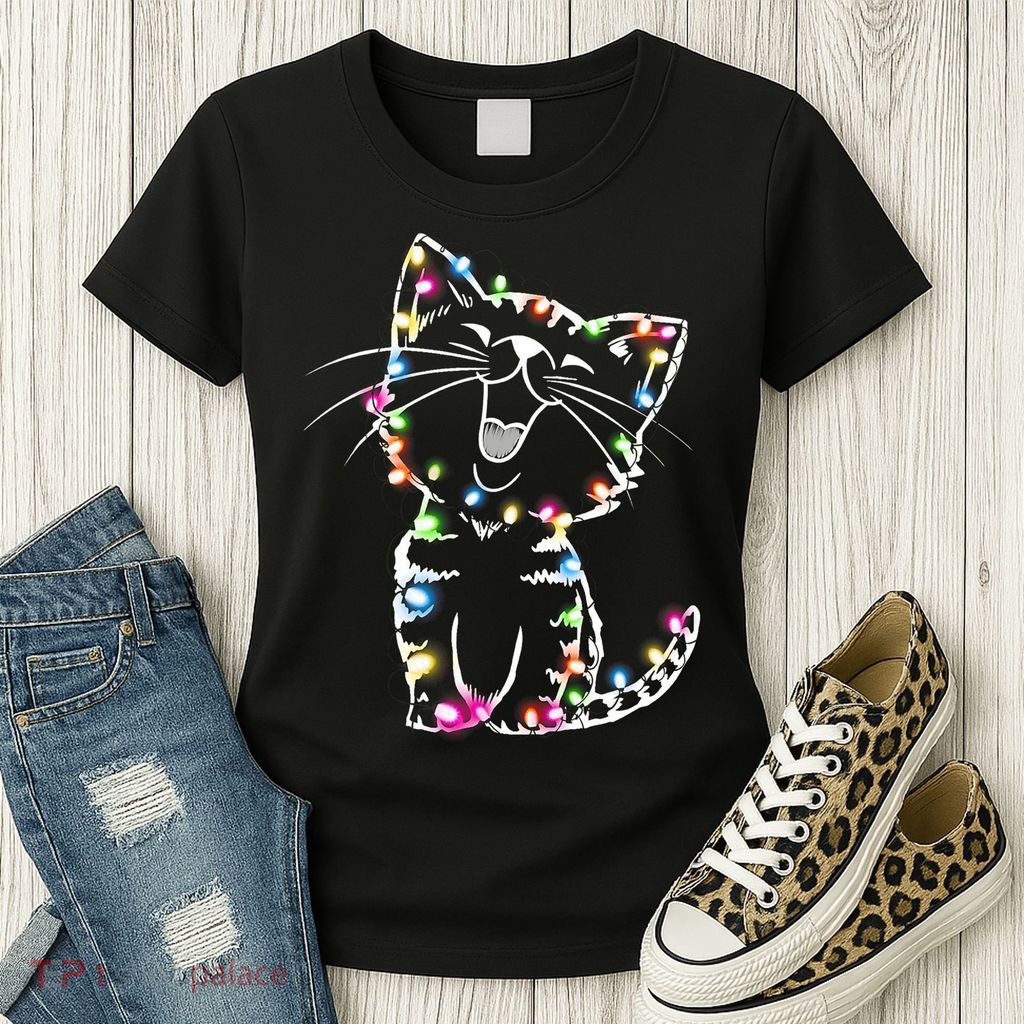 Cute Cat Christmas Lights Funny Xmas Women's T-Shirt