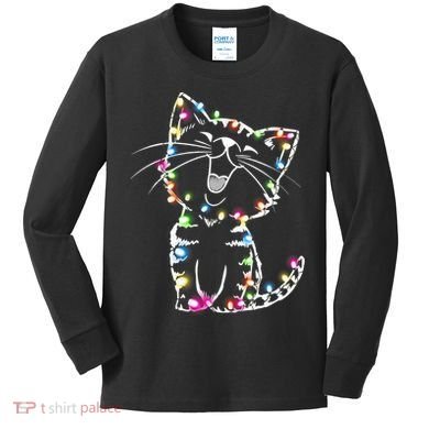 Cute Cat Christmas Lights Funny Xmas Kids Long Sleeve Shirt