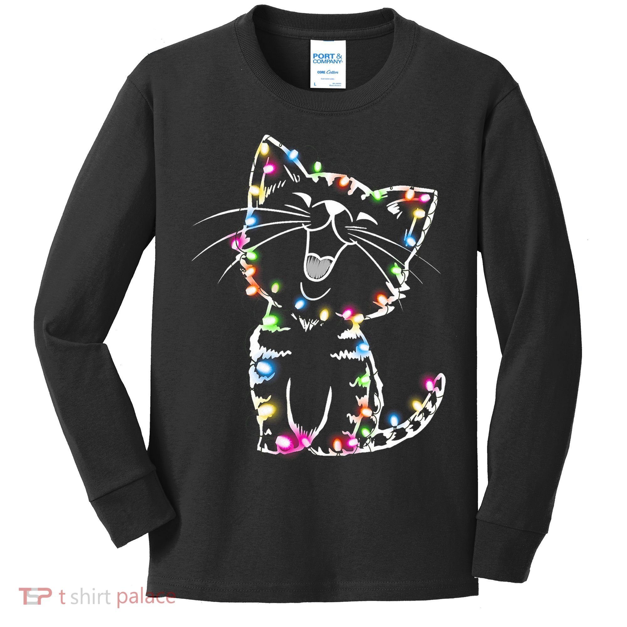 Cute Cat Christmas Lights Funny Xmas Kids Long Sleeve Shirt