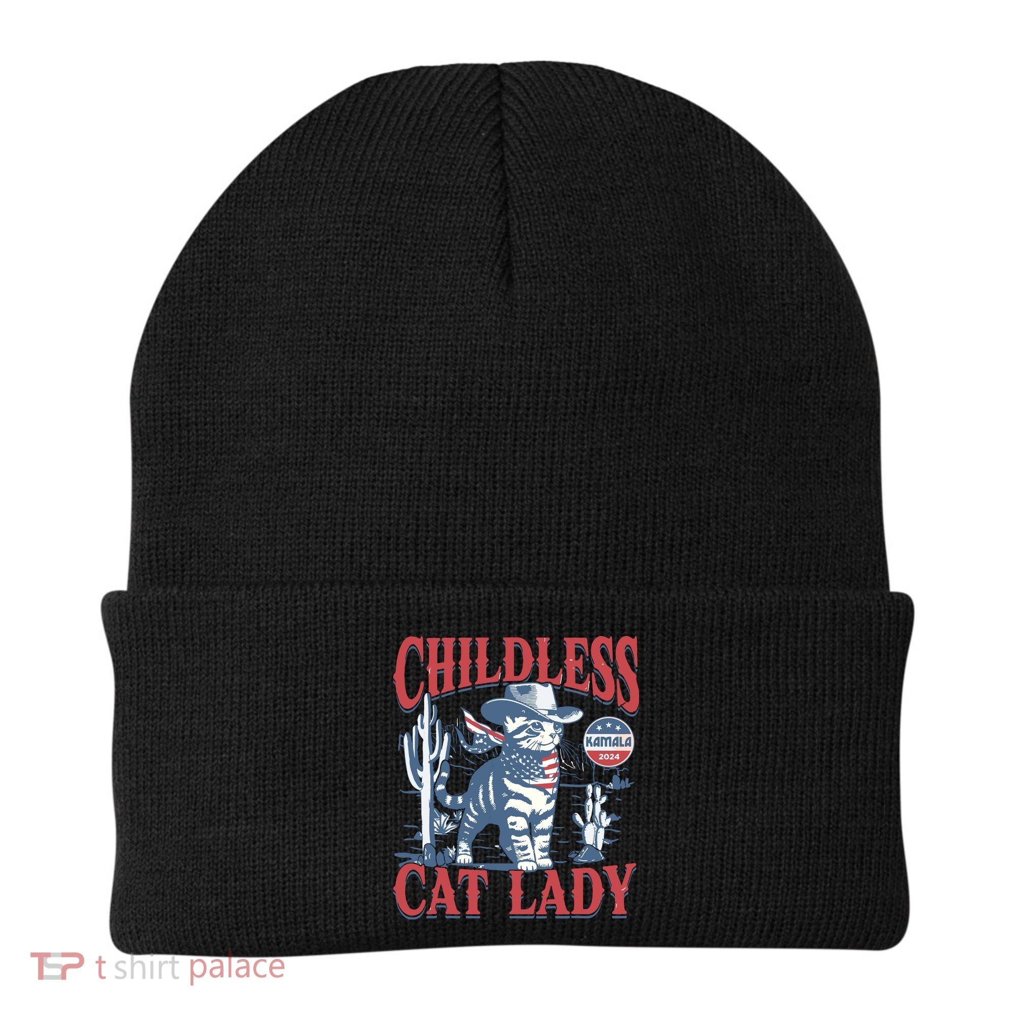 Cowboy Cat Childless Cat Lady For Kamala Election Voting Beanie
