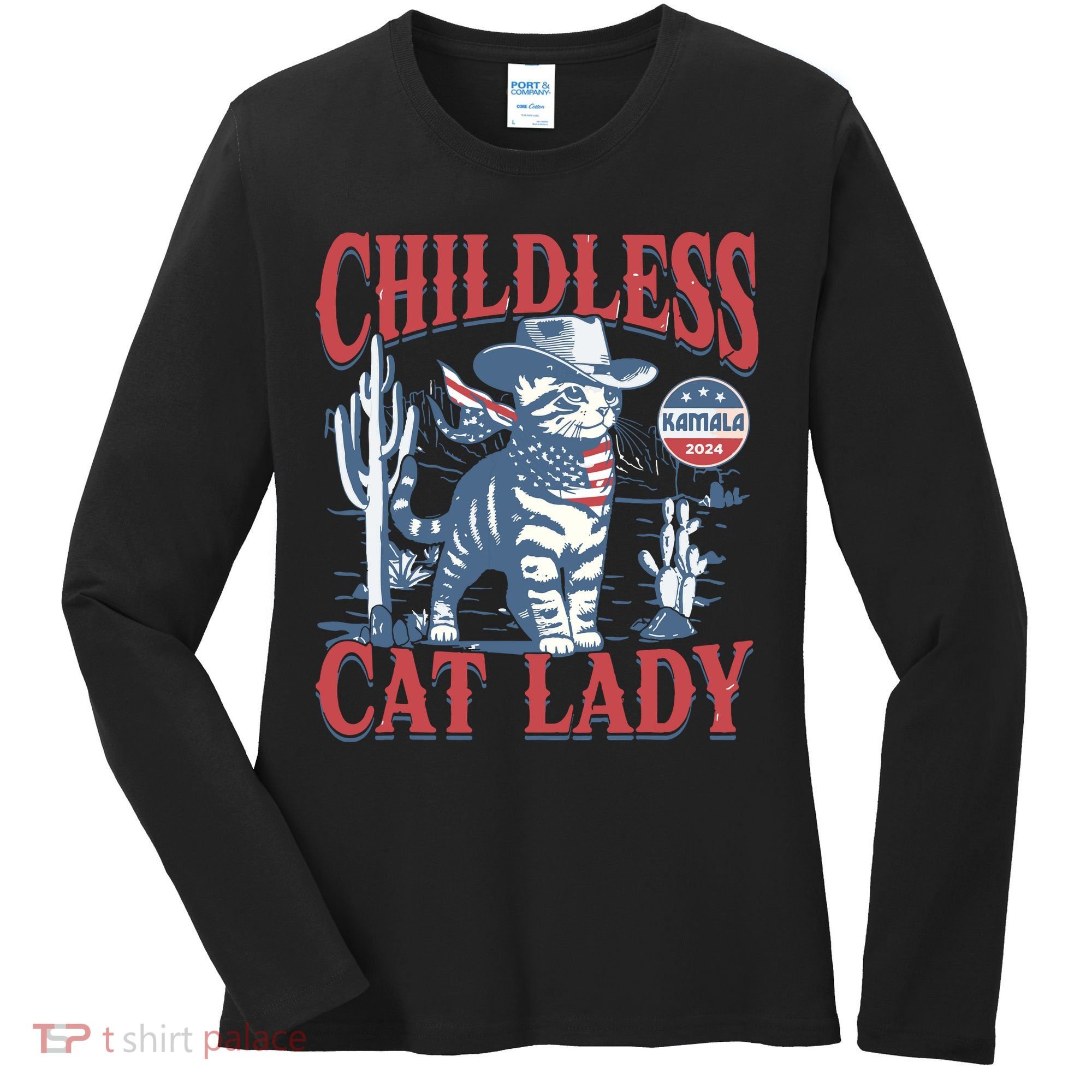 Cowboy Cat Childless Cat Lady For Kamala Election Voting Women's Long Sleeve Shirt