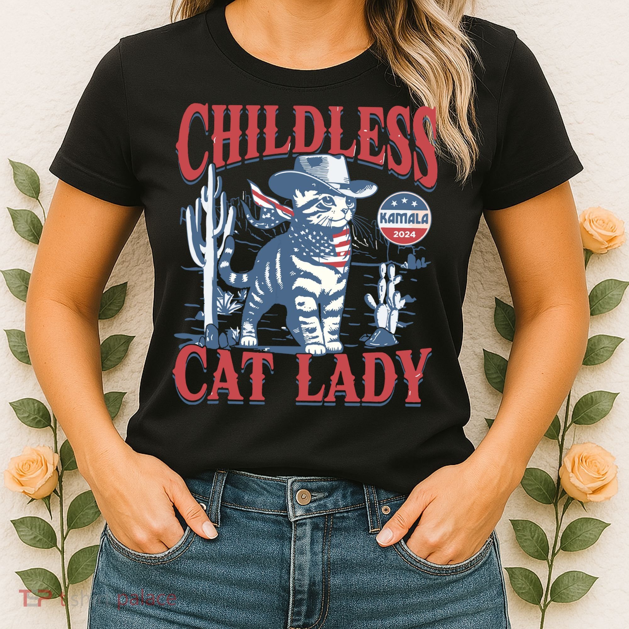 Cowboy Cat Childless Cat Lady For Kamala Election Voting Women's T-Shirt