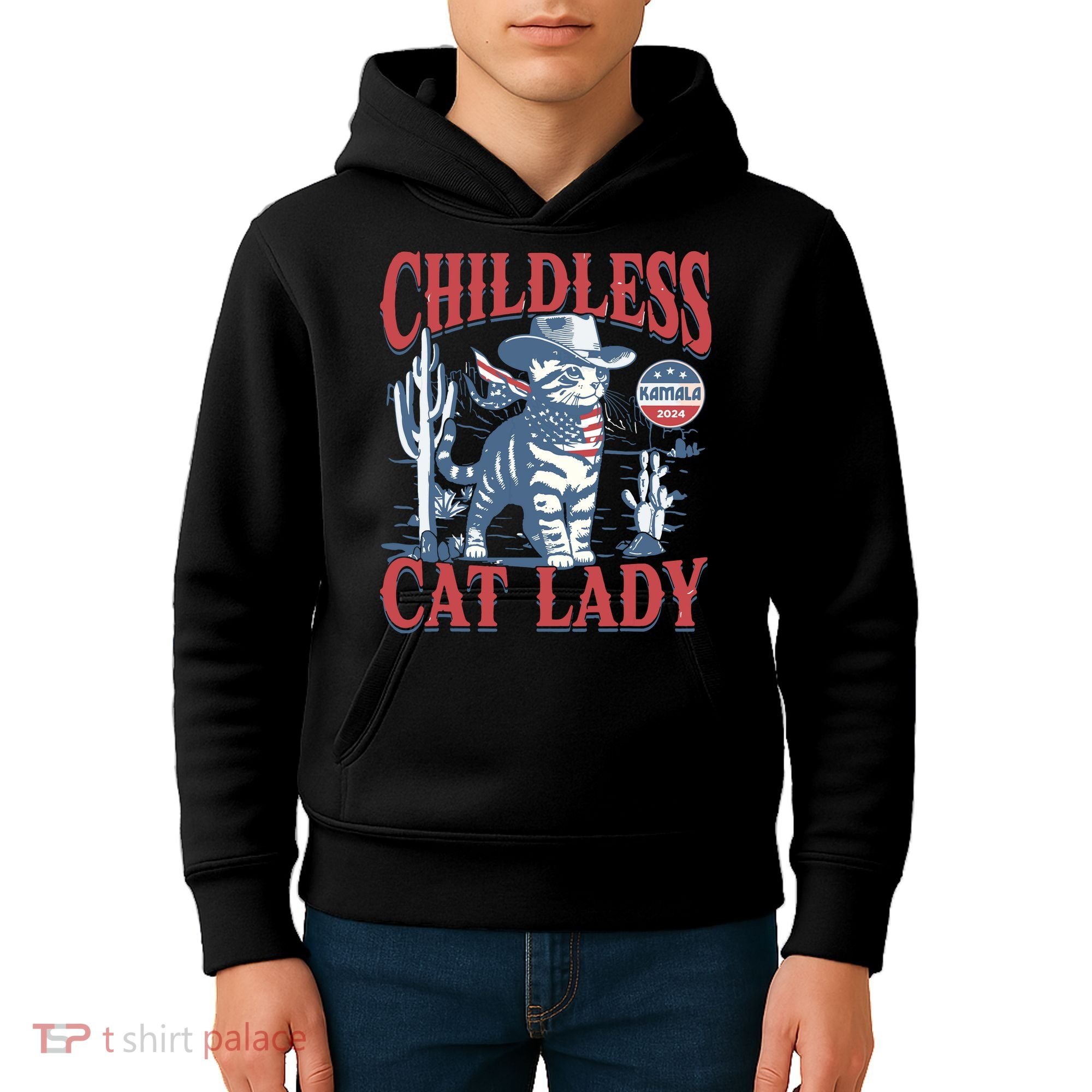 Cowboy Cat Childless Cat Lady For Kamala Election Voting Kids Hoodie