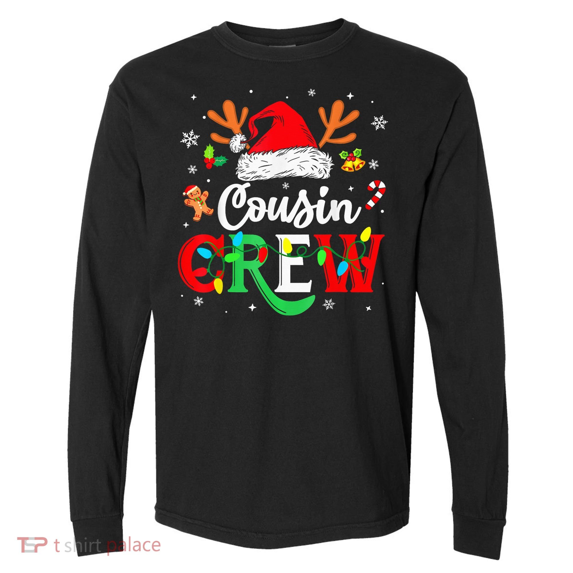 Christmas Cousin Crew Reindeer Santa Hat Lights Kid Teens Comfort Colors Heavyweight Long Sleeve T-Shirt