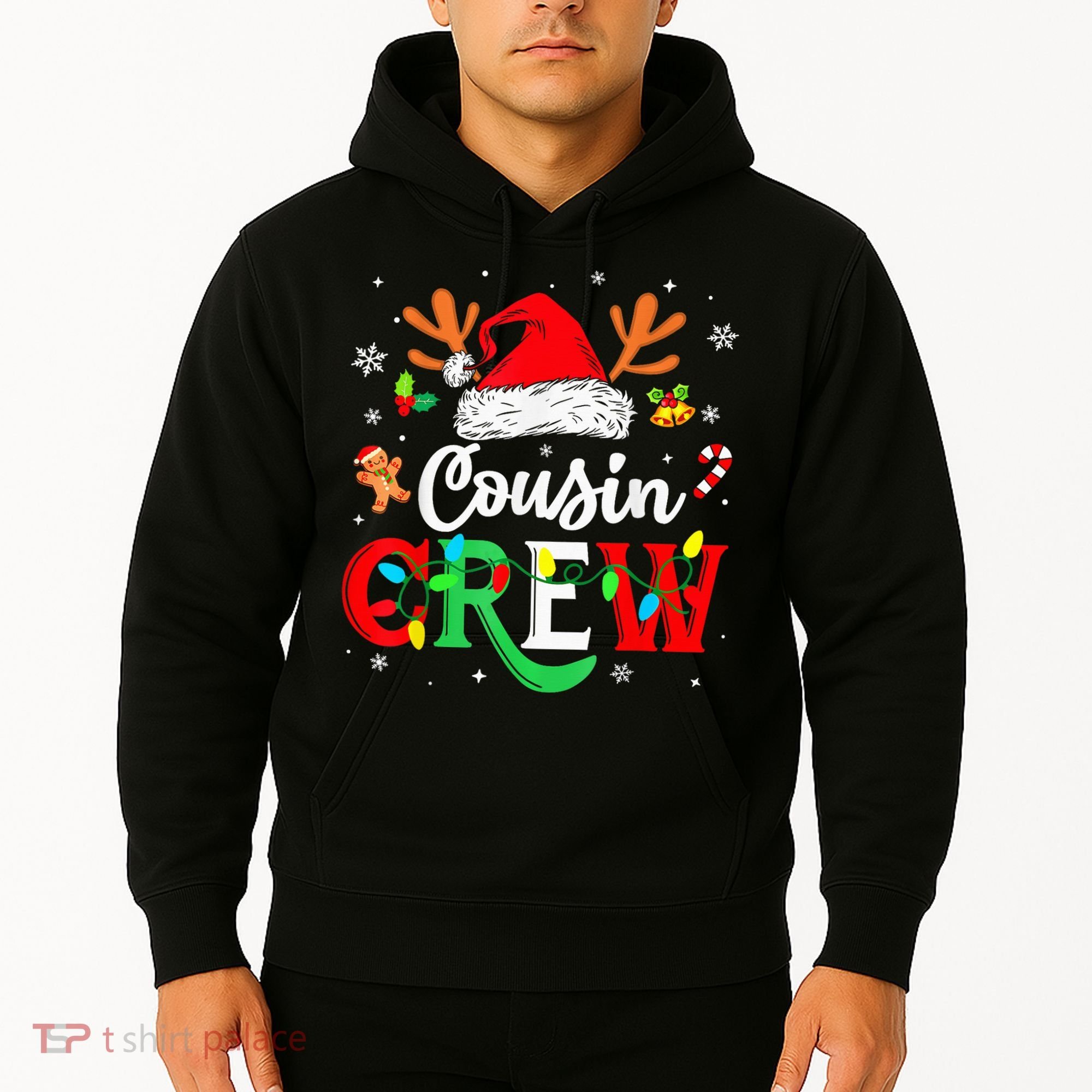 Christmas Cousin Crew Reindeer Santa Hat Lights Kid Teens Hoodie