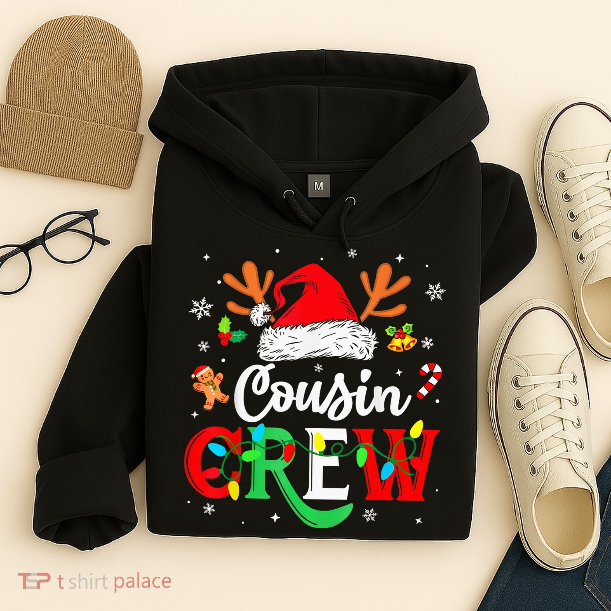 Christmas Cousin Crew Reindeer Santa Hat Lights Kid Teens Hoodie