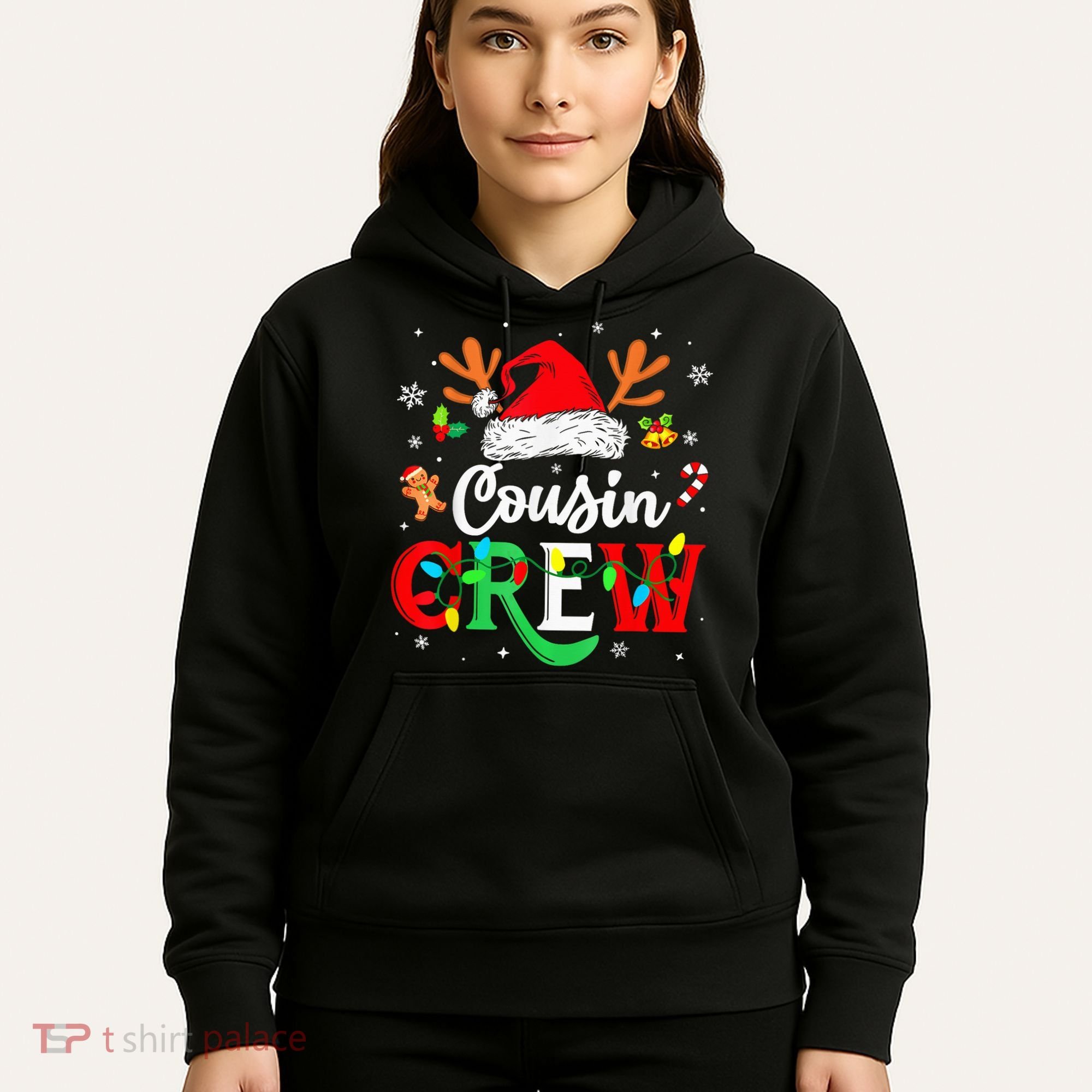 Christmas Cousin Crew Reindeer Santa Hat Lights Kid Teens Hoodie