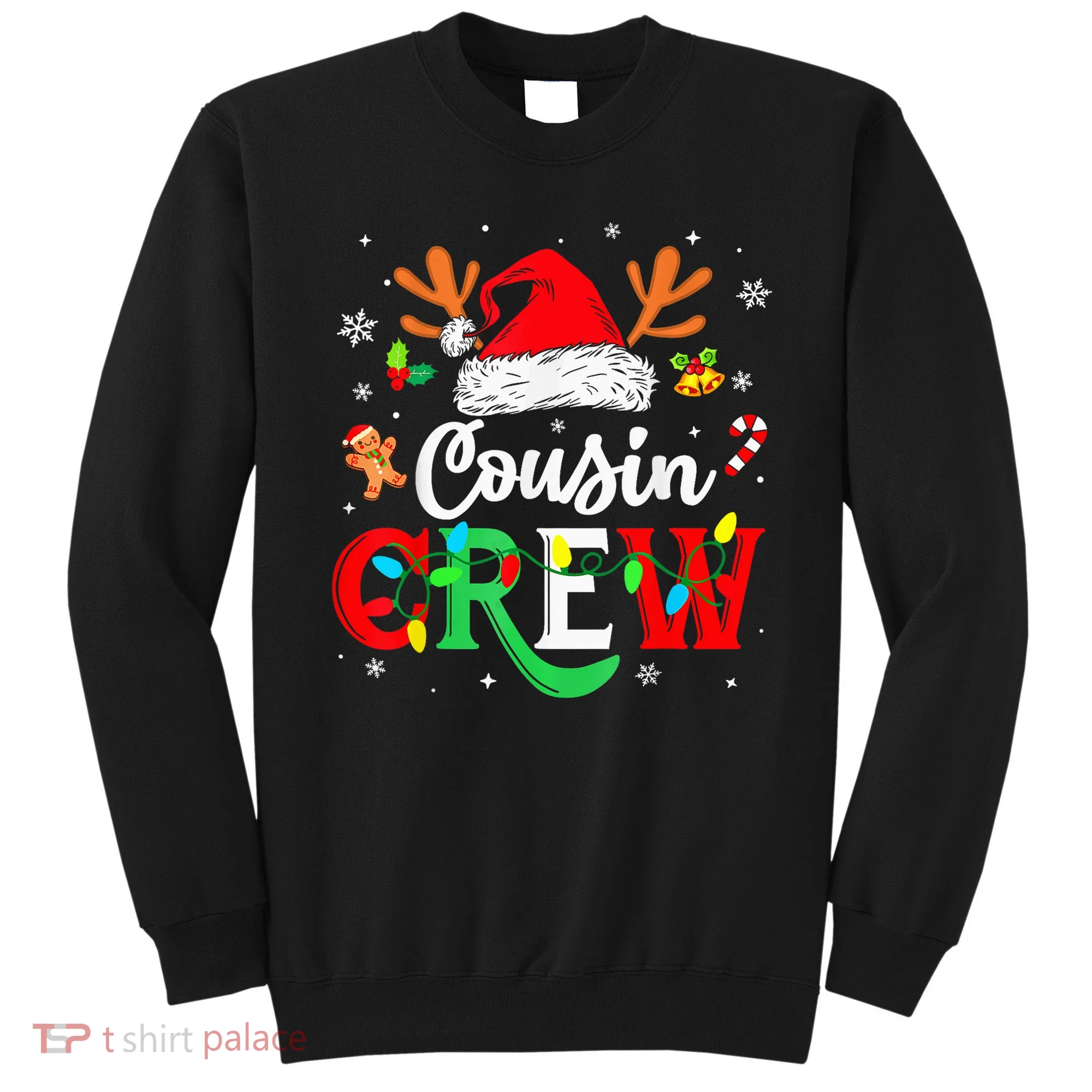 Christmas Cousin Crew Reindeer Santa Hat Lights Kid Teens Sweatshirt