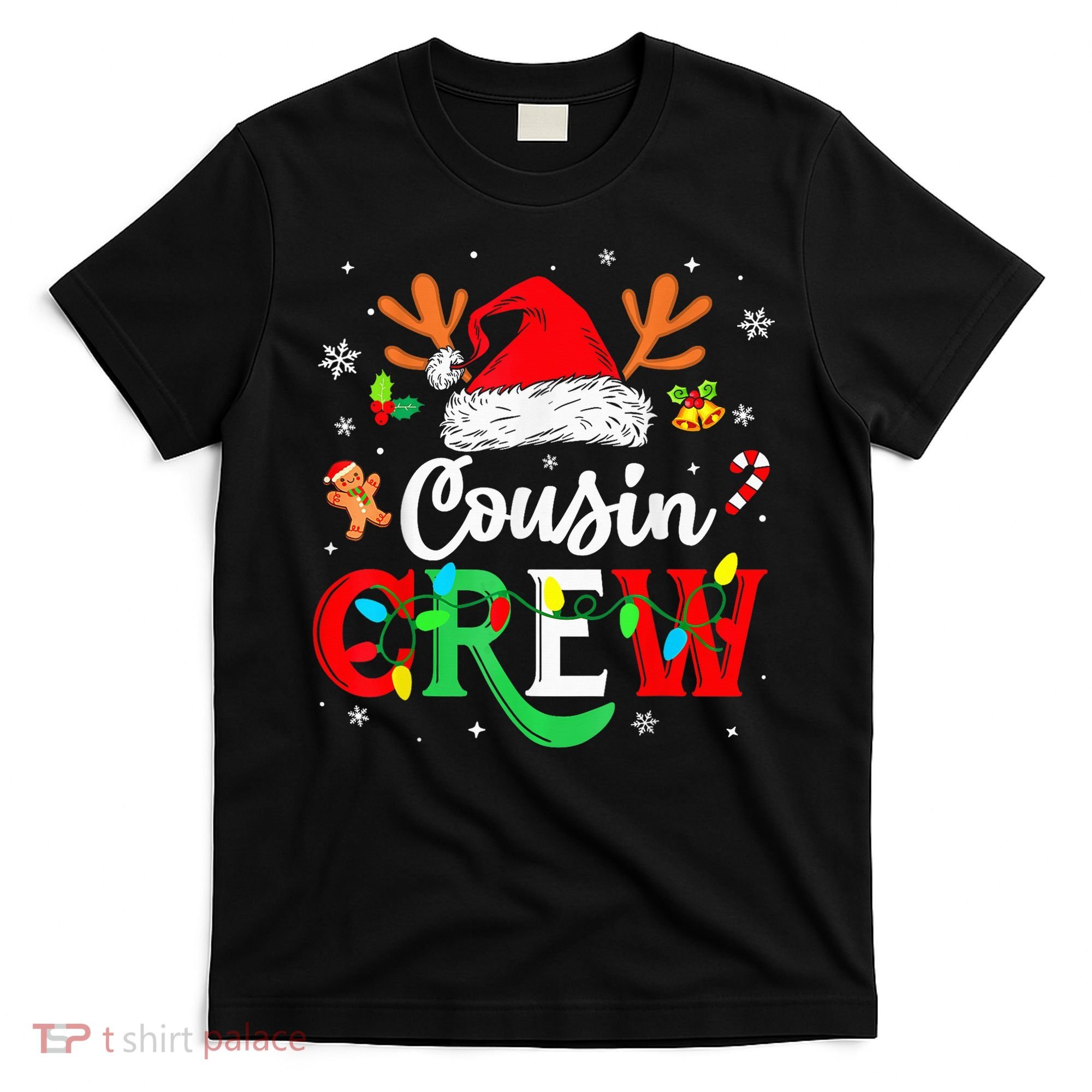 Christmas Cousin Crew Reindeer Santa Hat Lights Kid Teens T-Shirt