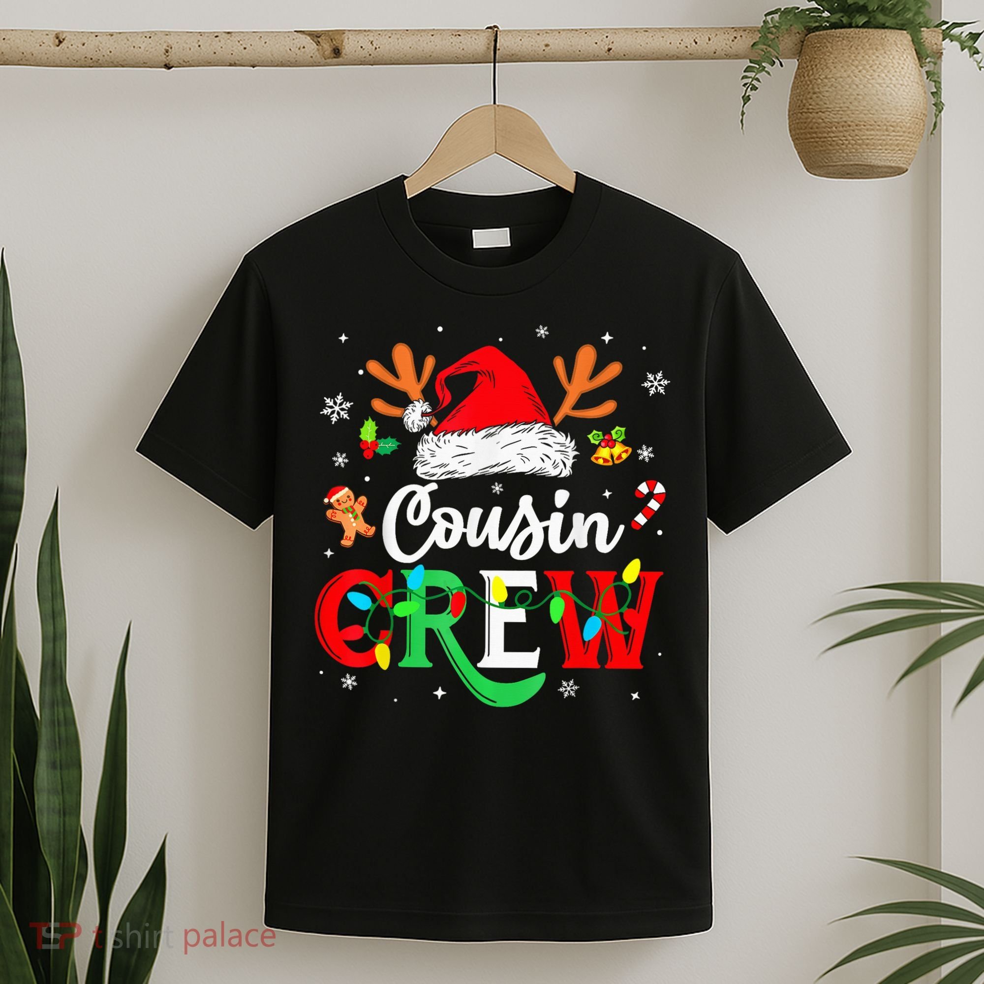 Christmas Cousin Crew Reindeer Santa Hat Lights Kid Teens T-Shirt