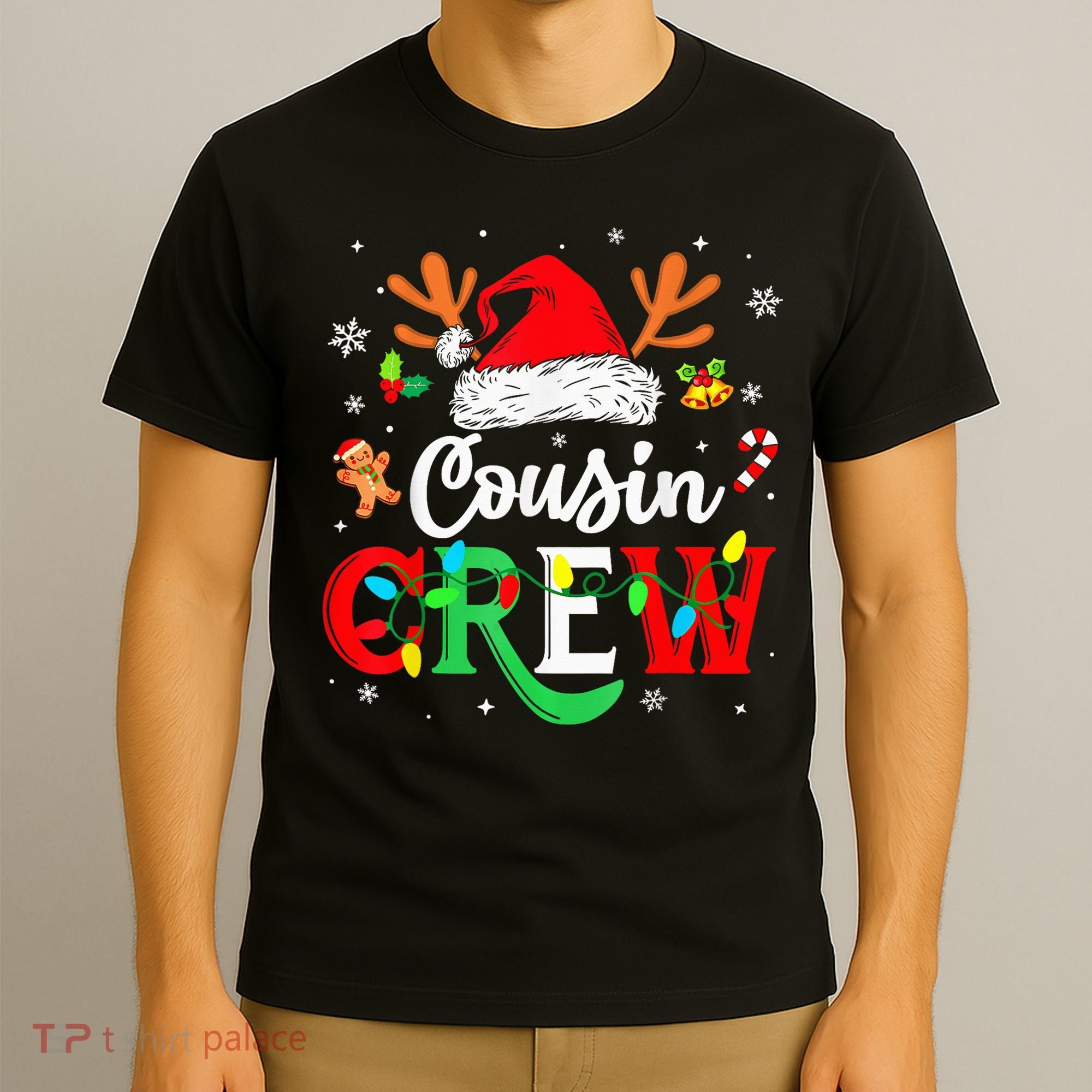 Christmas Cousin Crew Reindeer Santa Hat Lights Kid Teens T-Shirt