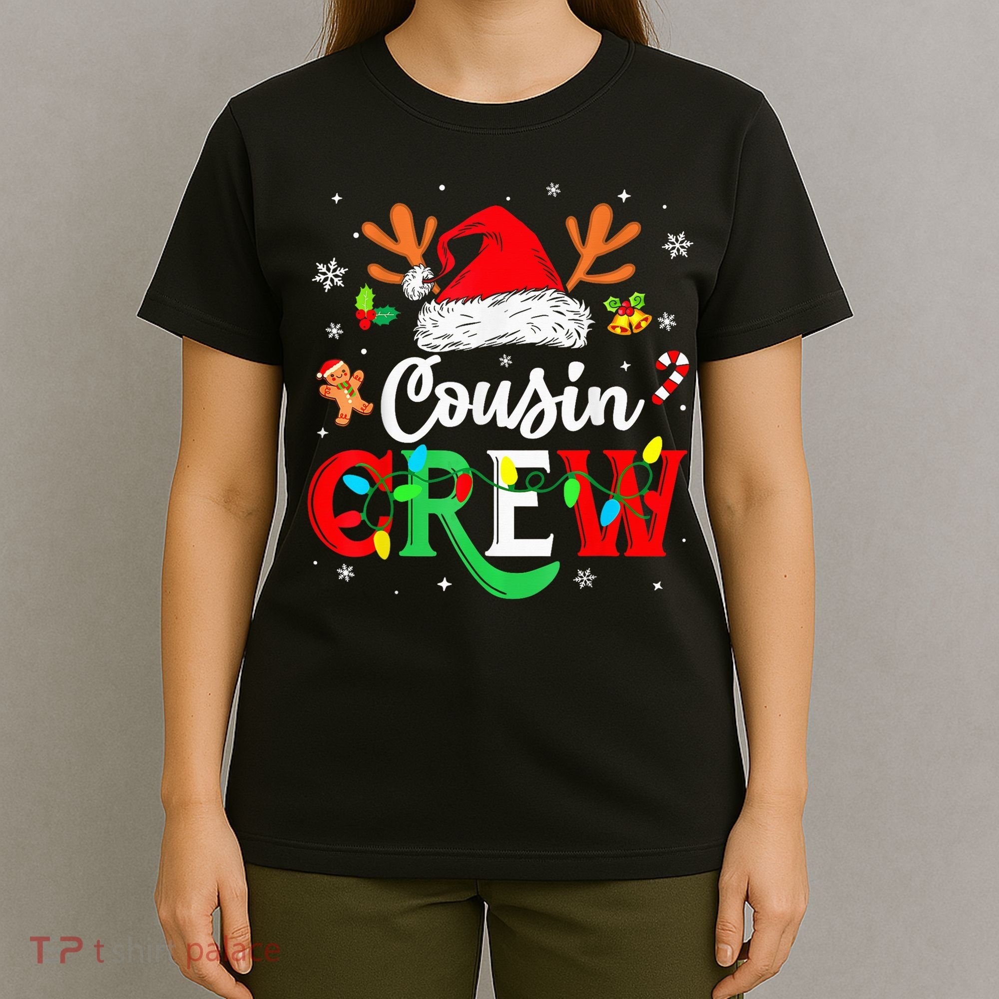 Christmas Cousin Crew Reindeer Santa Hat Lights Kid Teens T-Shirt