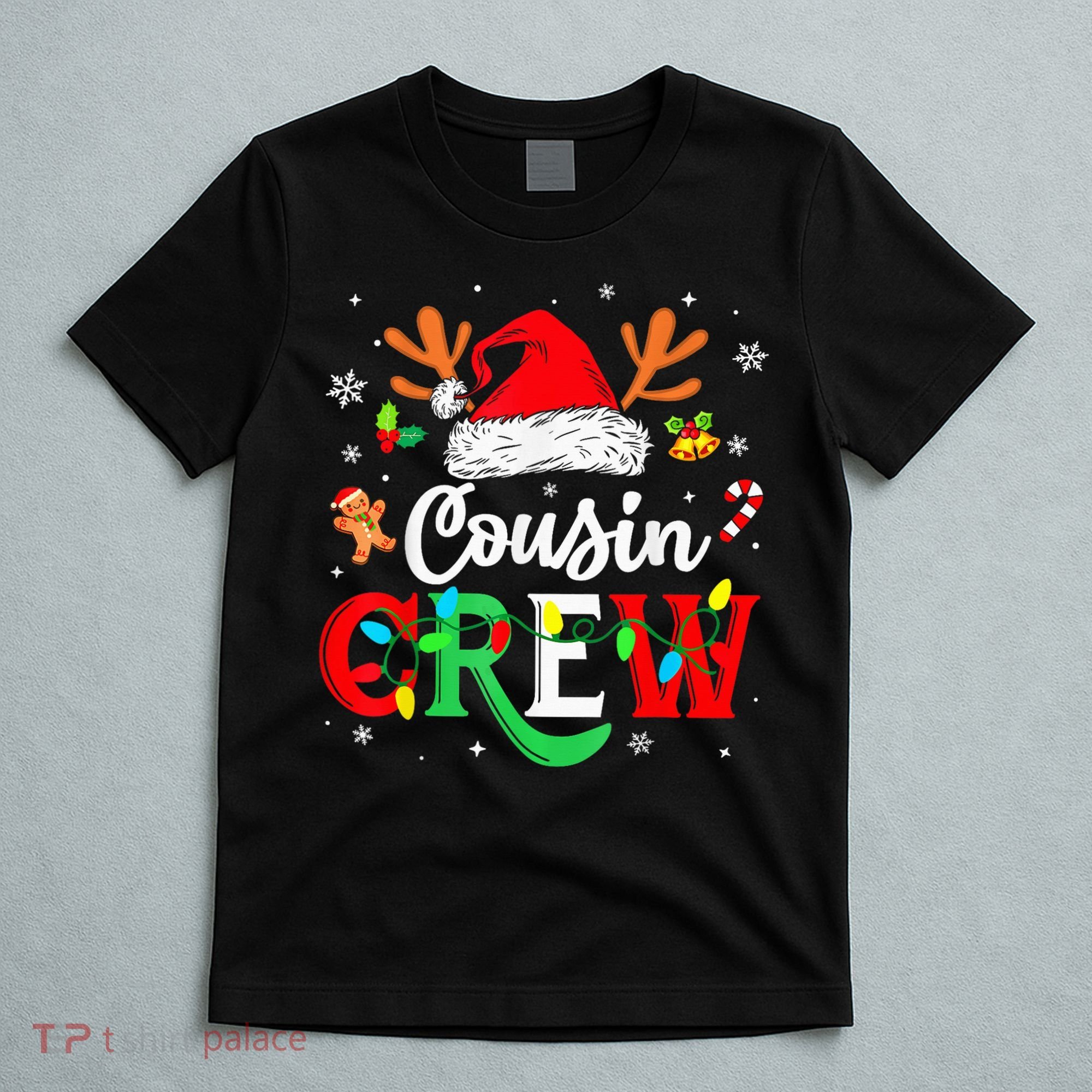 Christmas Cousin Crew Reindeer Santa Hat Lights Kid Teens T-Shirt