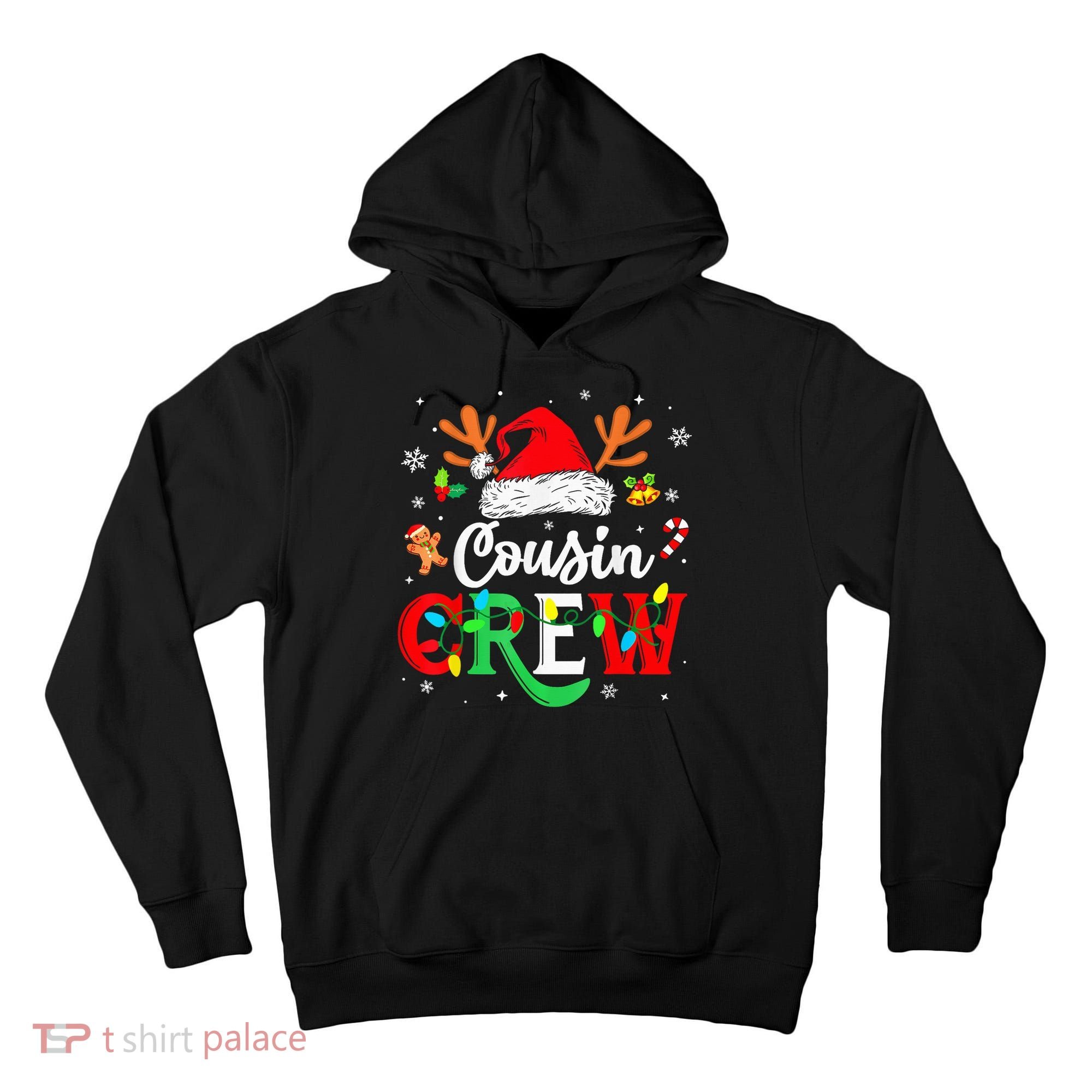 Christmas Cousin Crew Reindeer Santa Hat Lights Kid Teens Tall Hoodie