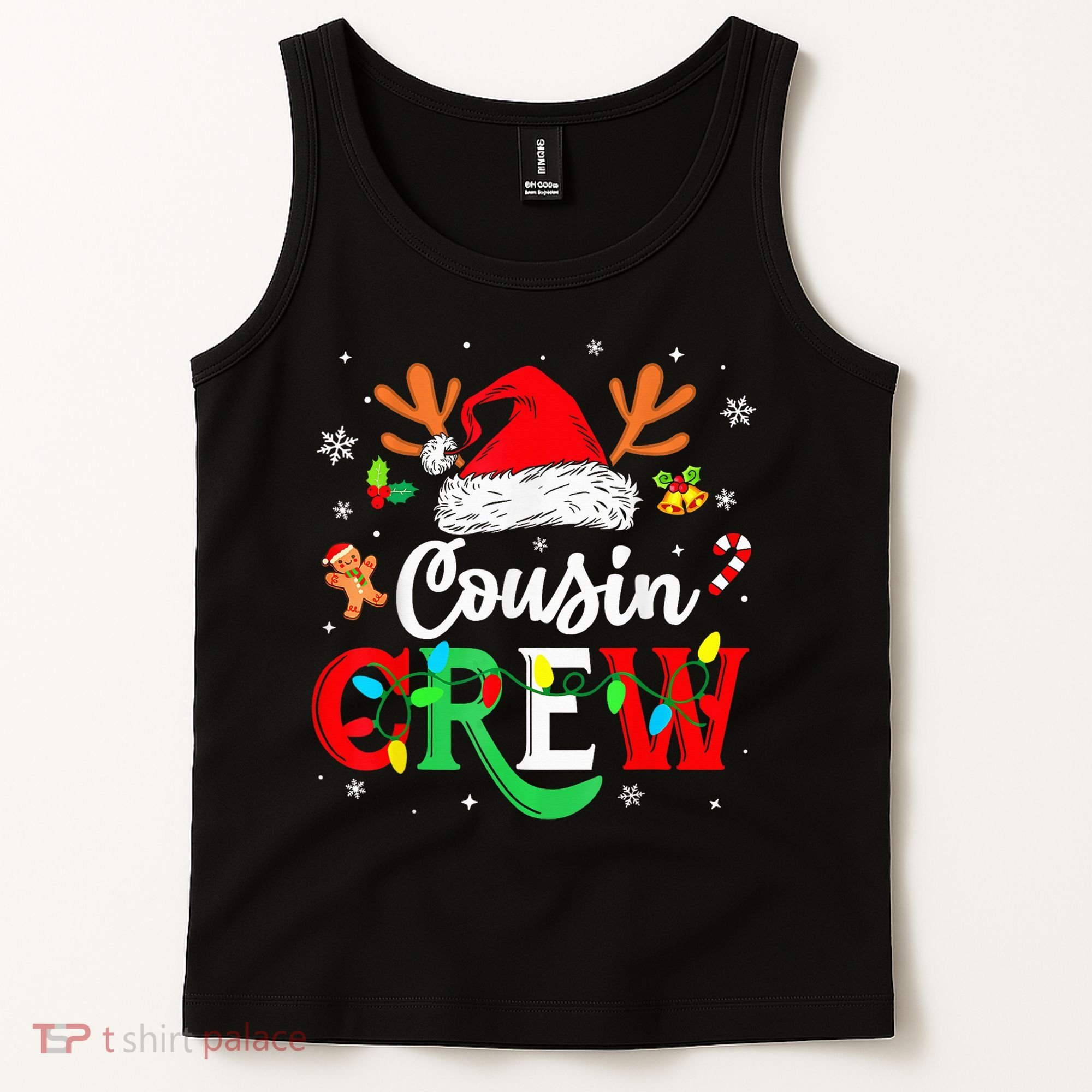 Christmas Cousin Crew Reindeer Santa Hat Lights Kid Teens Tank Top