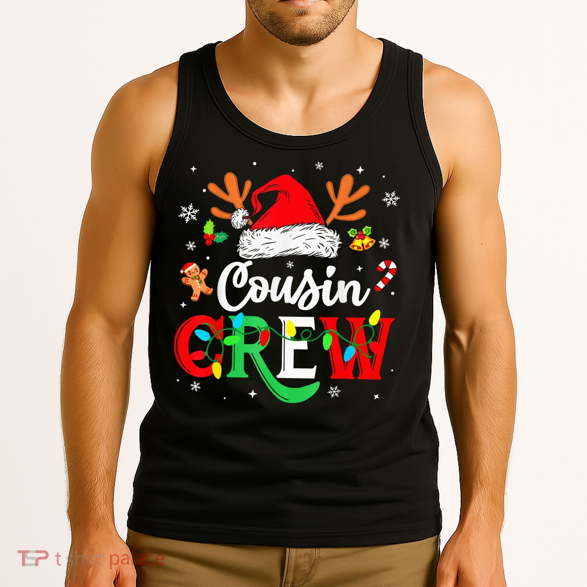 Christmas Cousin Crew Reindeer Santa Hat Lights Kid Teens Tank Top