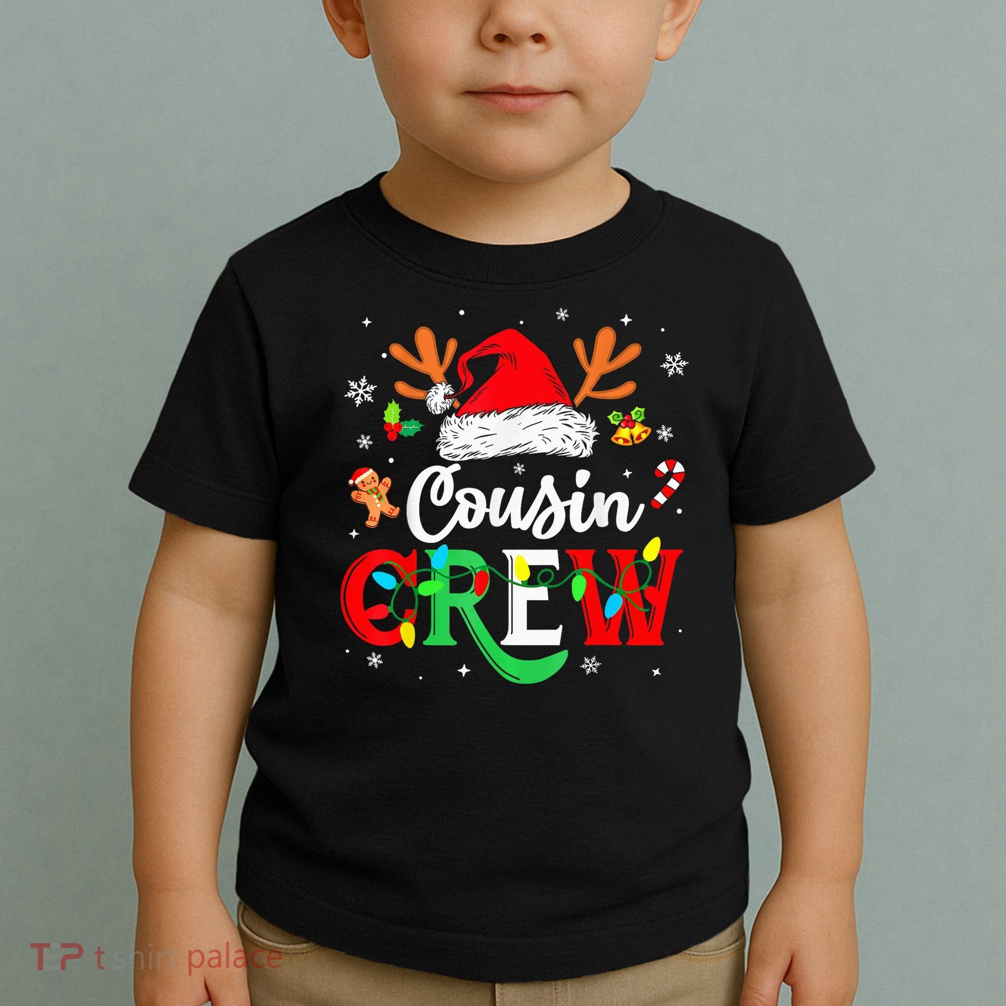 Christmas Cousin Crew Reindeer Santa Hat Lights Kid Teens Toddler T-Shirt