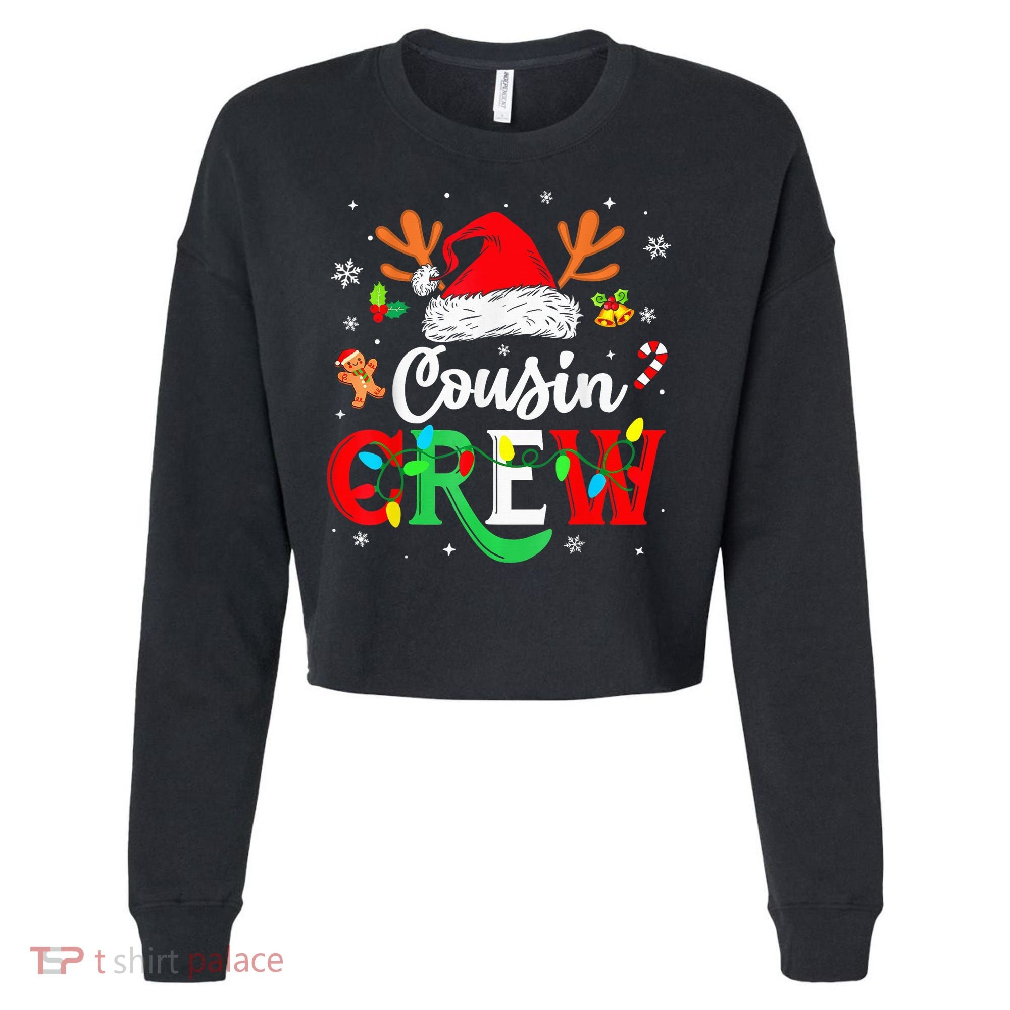 Christmas Cousin Crew Reindeer Santa Hat Lights Kid Teens Cropped Pullover Crew