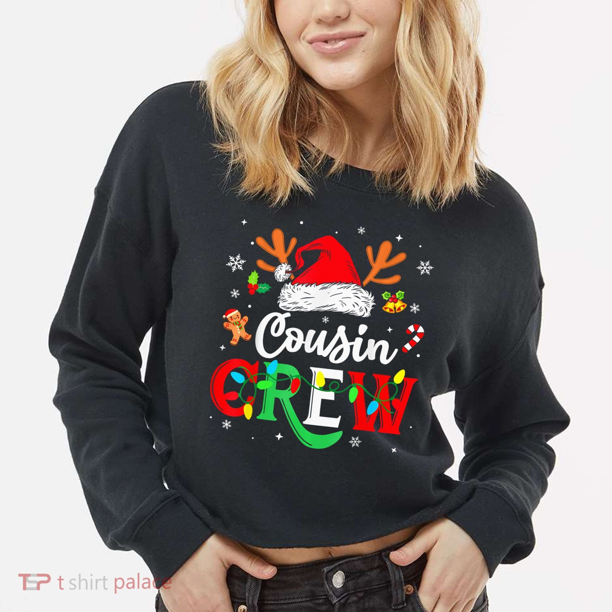 Christmas Cousin Crew Reindeer Santa Hat Lights Kid Teens Cropped Pullover Crew