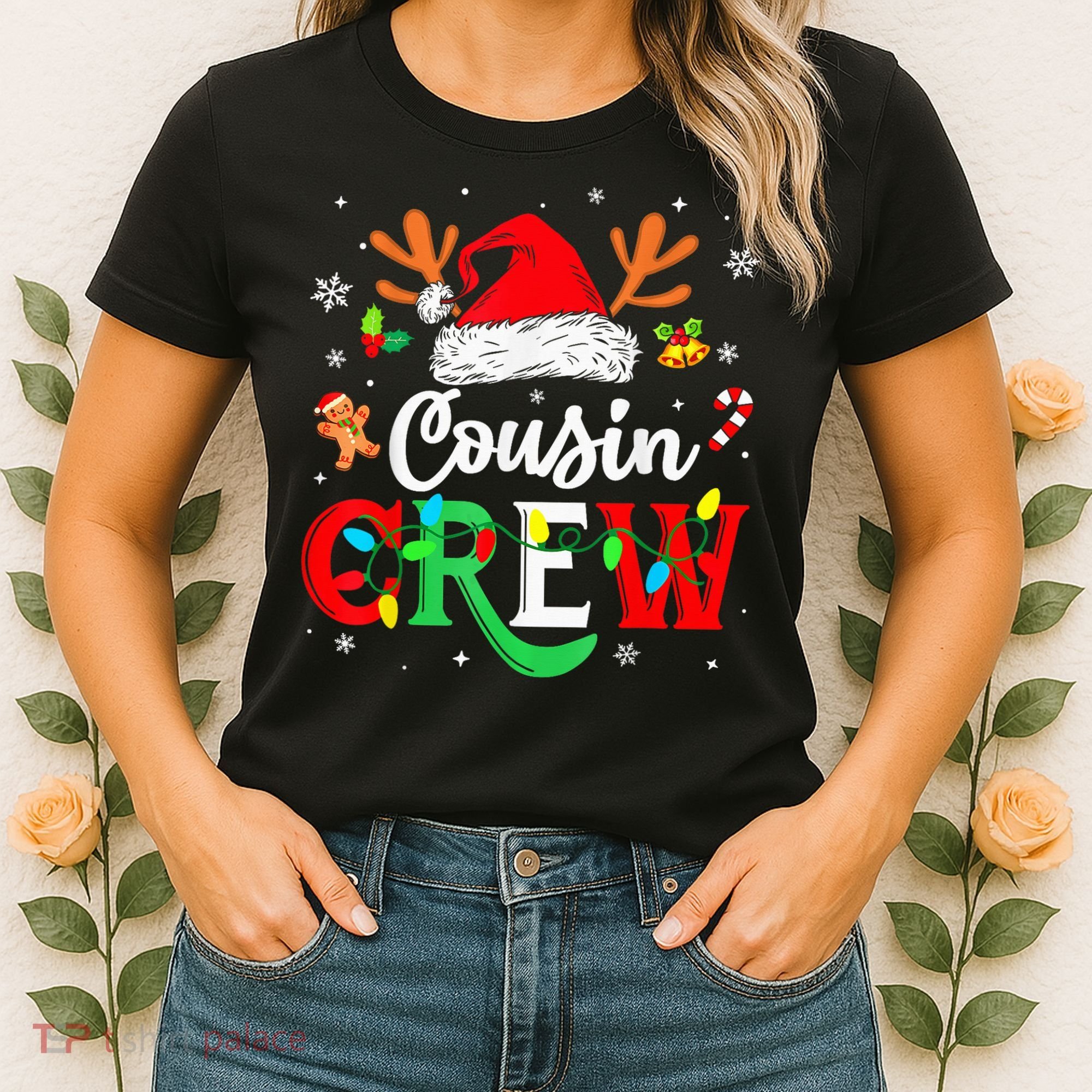 Christmas Cousin Crew Reindeer Santa Hat Lights Kid Teens Women's T-Shirt
