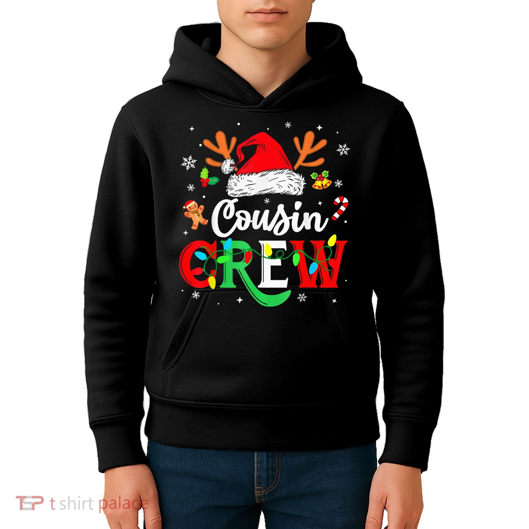 Christmas Cousin Crew Reindeer Santa Hat Lights Kid Teens Kids Hoodie