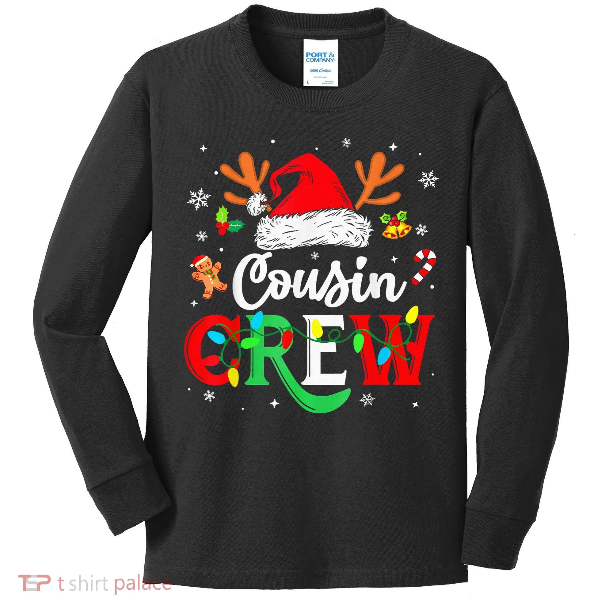 Christmas Cousin Crew Reindeer Santa Hat Lights Kid Teens Kids Long Sleeve Shirt