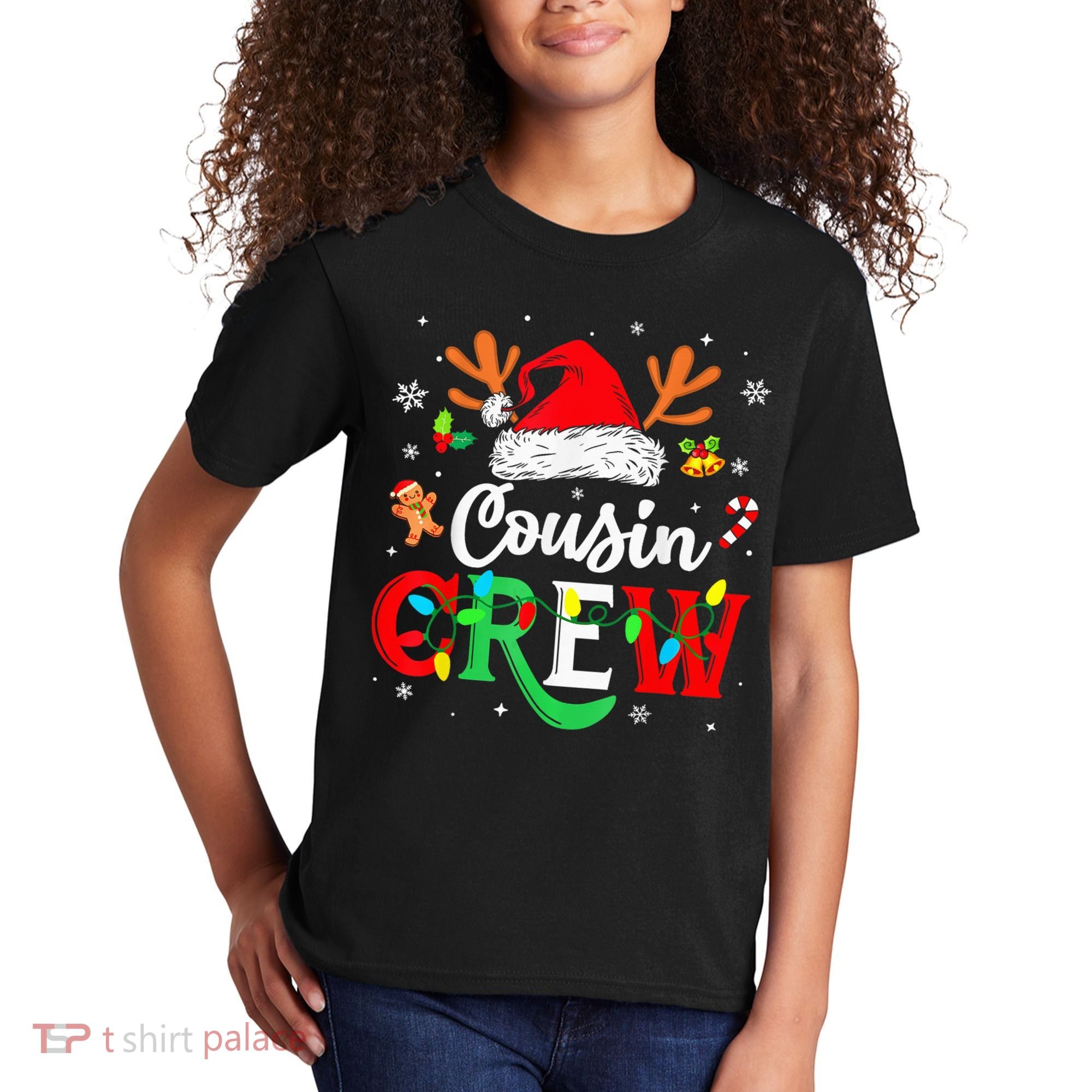 Christmas Cousin Crew Reindeer Santa Hat Lights Kid Teens Kids T-Shirt