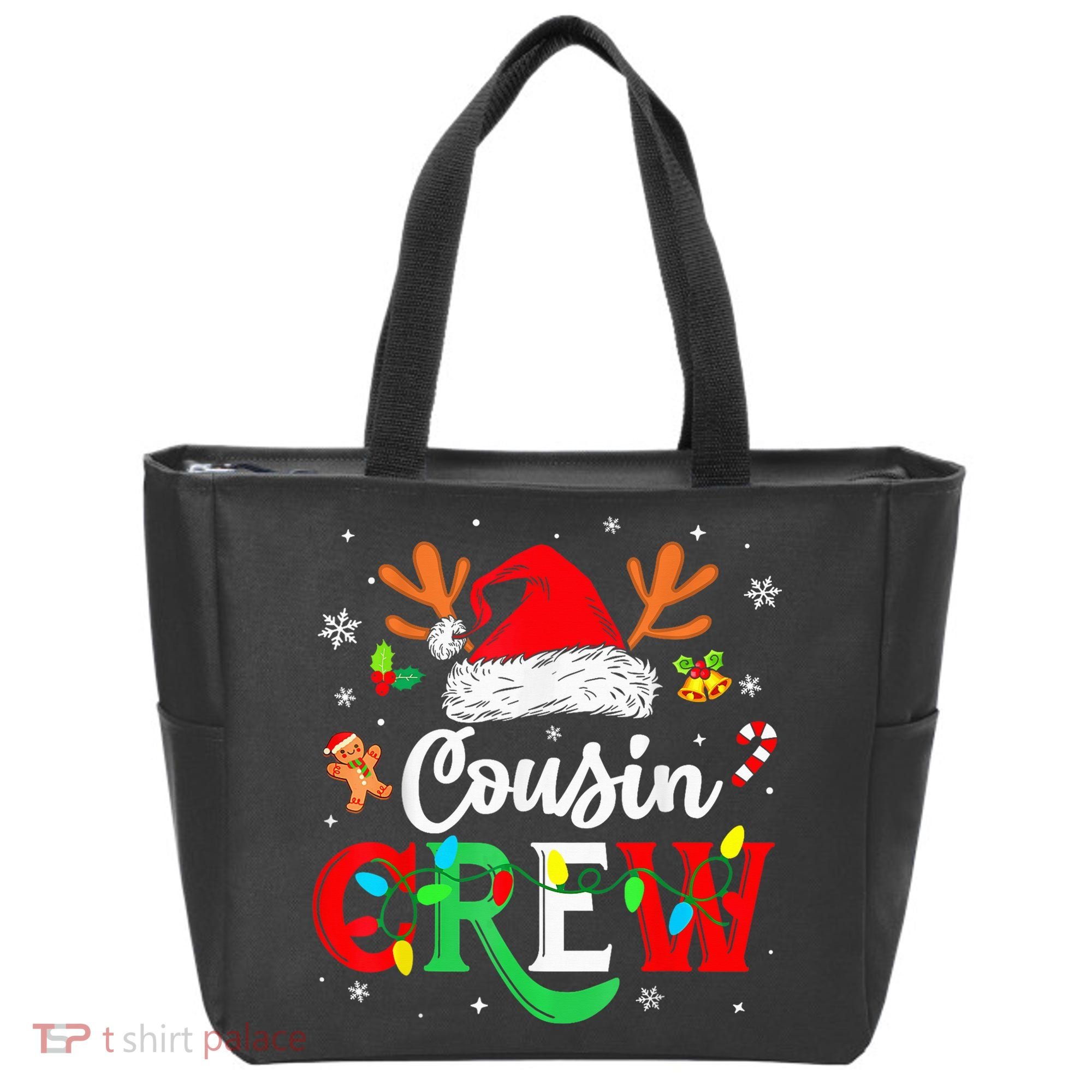 Christmas Cousin Crew Reindeer Santa Hat Lights Kid Teens Tote Bag