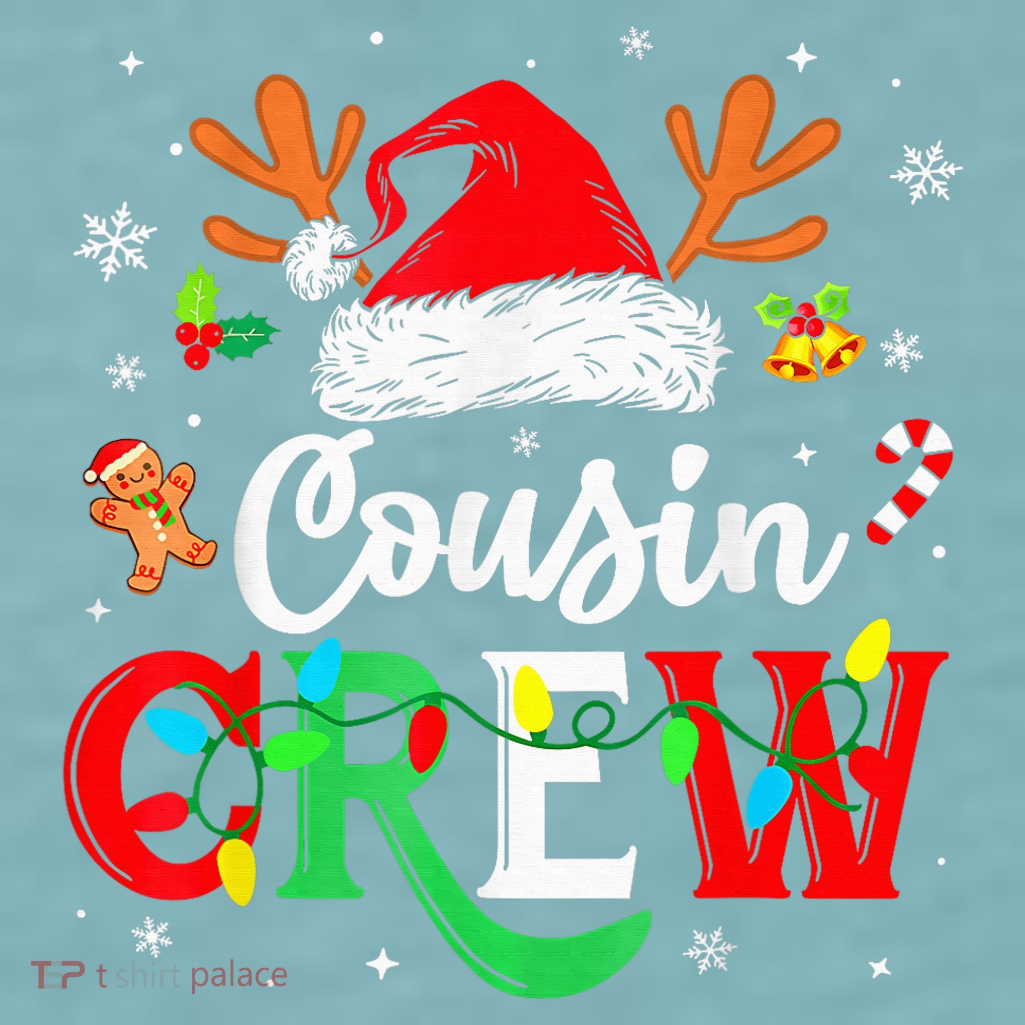 Christmas Cousin Crew Reindeer Santa Hat Lights Kid Teens Sueded Cloud Jersey T-Shirt
