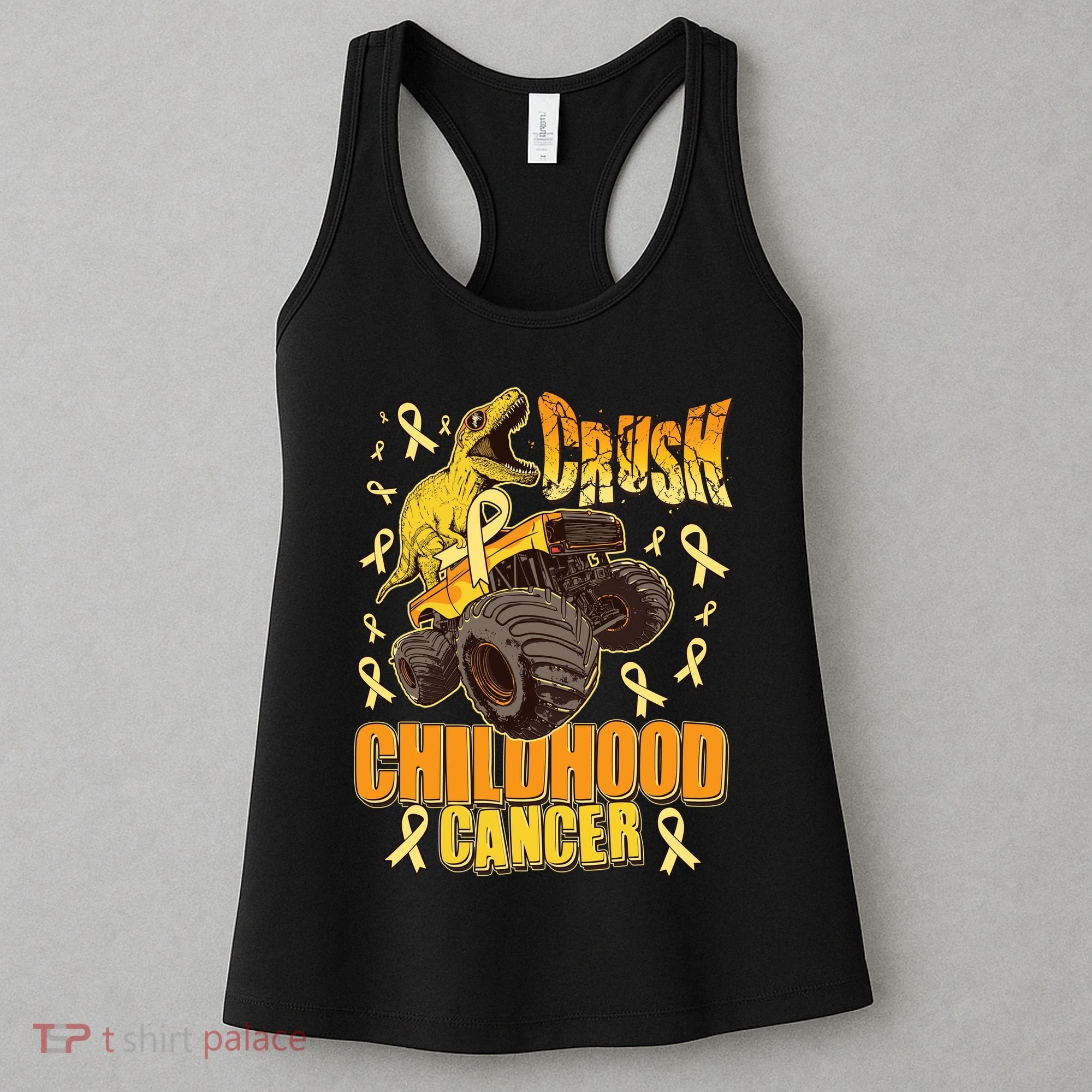 Crush Childhood Cancer Trex Dinosaur Monster Truck Wear Yellow Gold Women's Tank Top