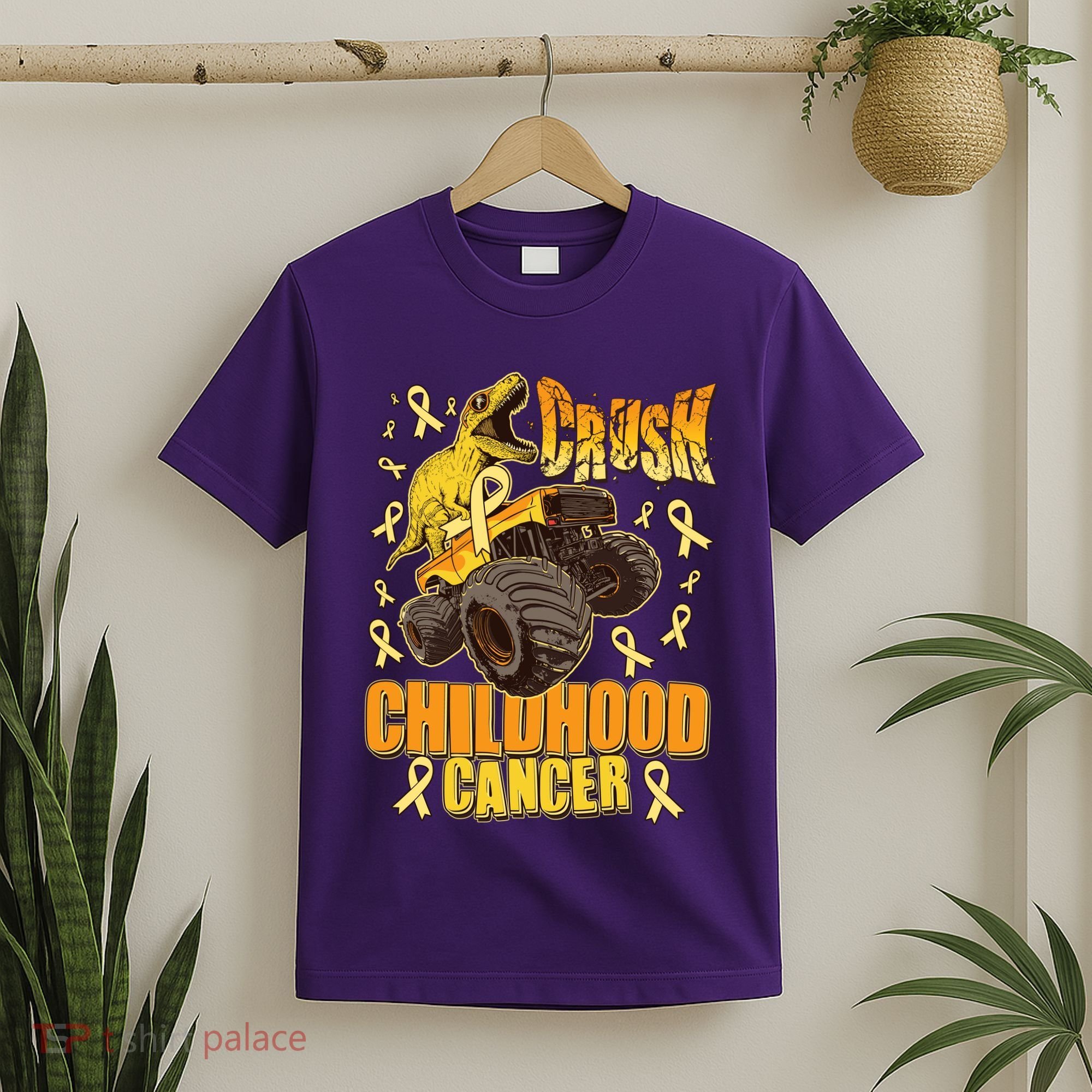 Crush Childhood Cancer Trex Dinosaur Monster Truck Wear Yellow Gold T-Shirt