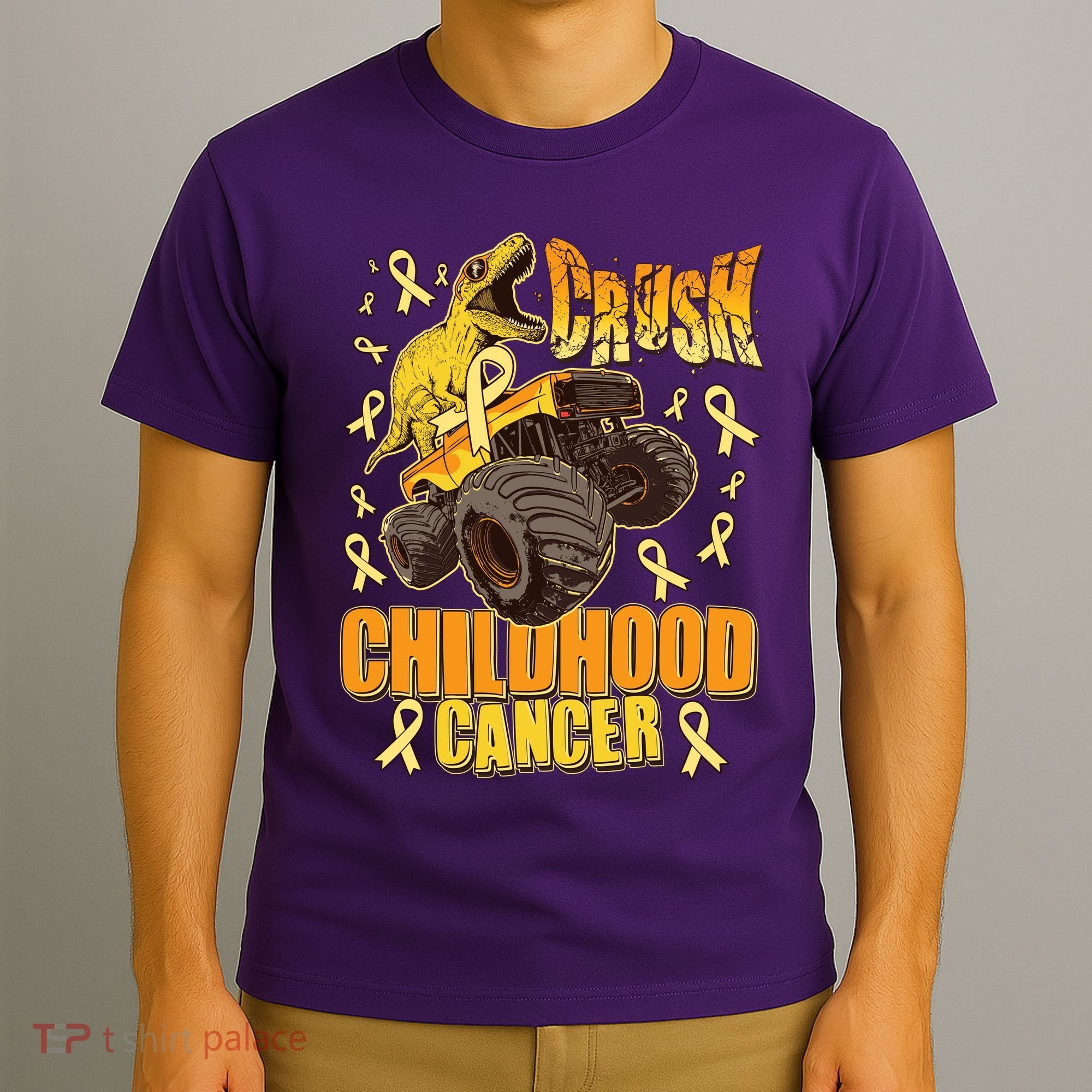 Crush Childhood Cancer Trex Dinosaur Monster Truck Wear Yellow Gold T-Shirt