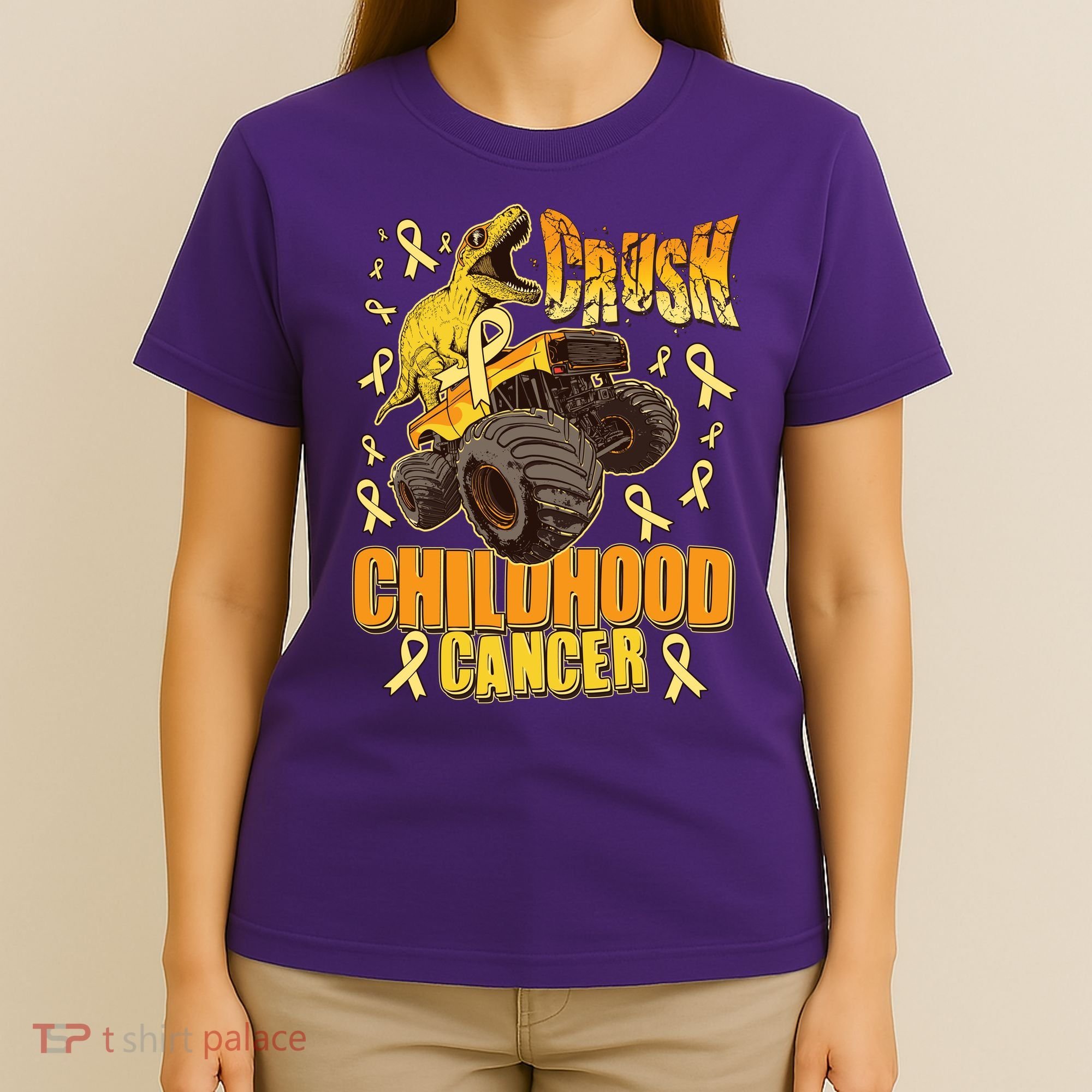 Crush Childhood Cancer Trex Dinosaur Monster Truck Wear Yellow Gold T-Shirt