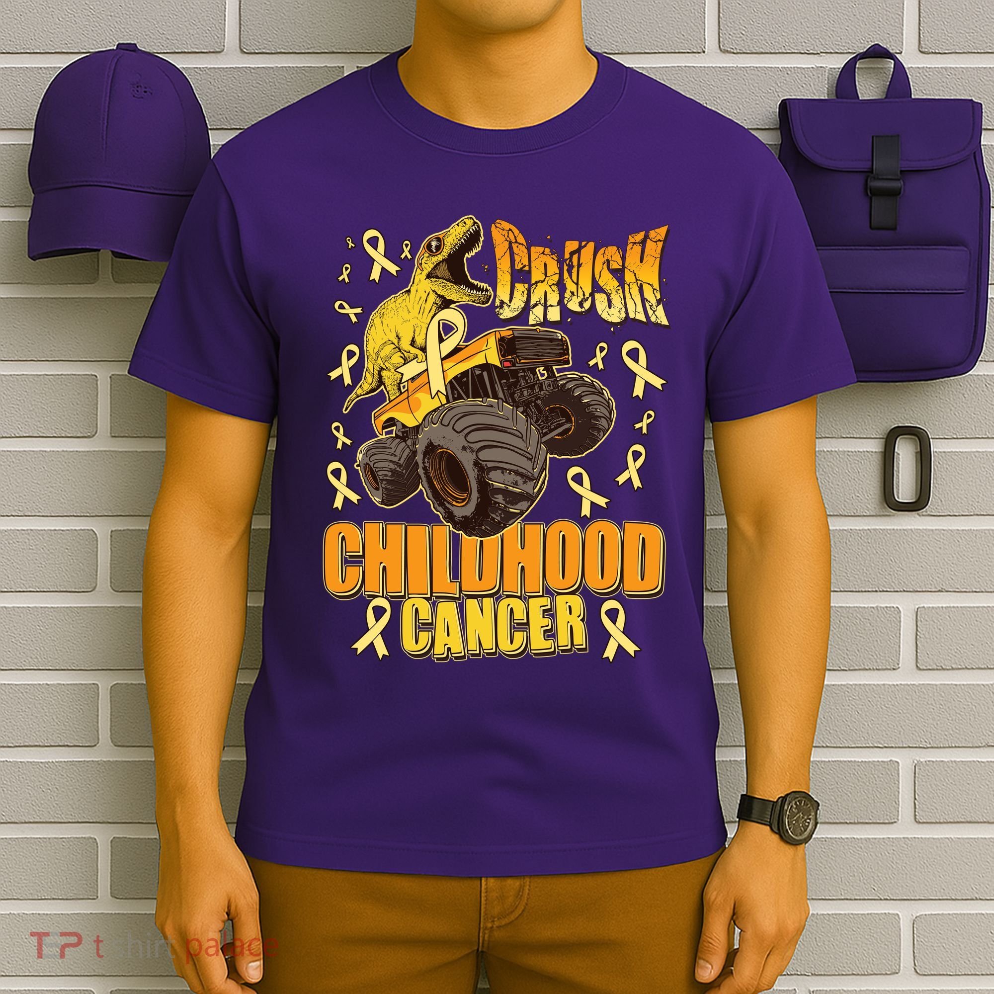 Crush Childhood Cancer Trex Dinosaur Monster Truck Wear Yellow Gold T-Shirt