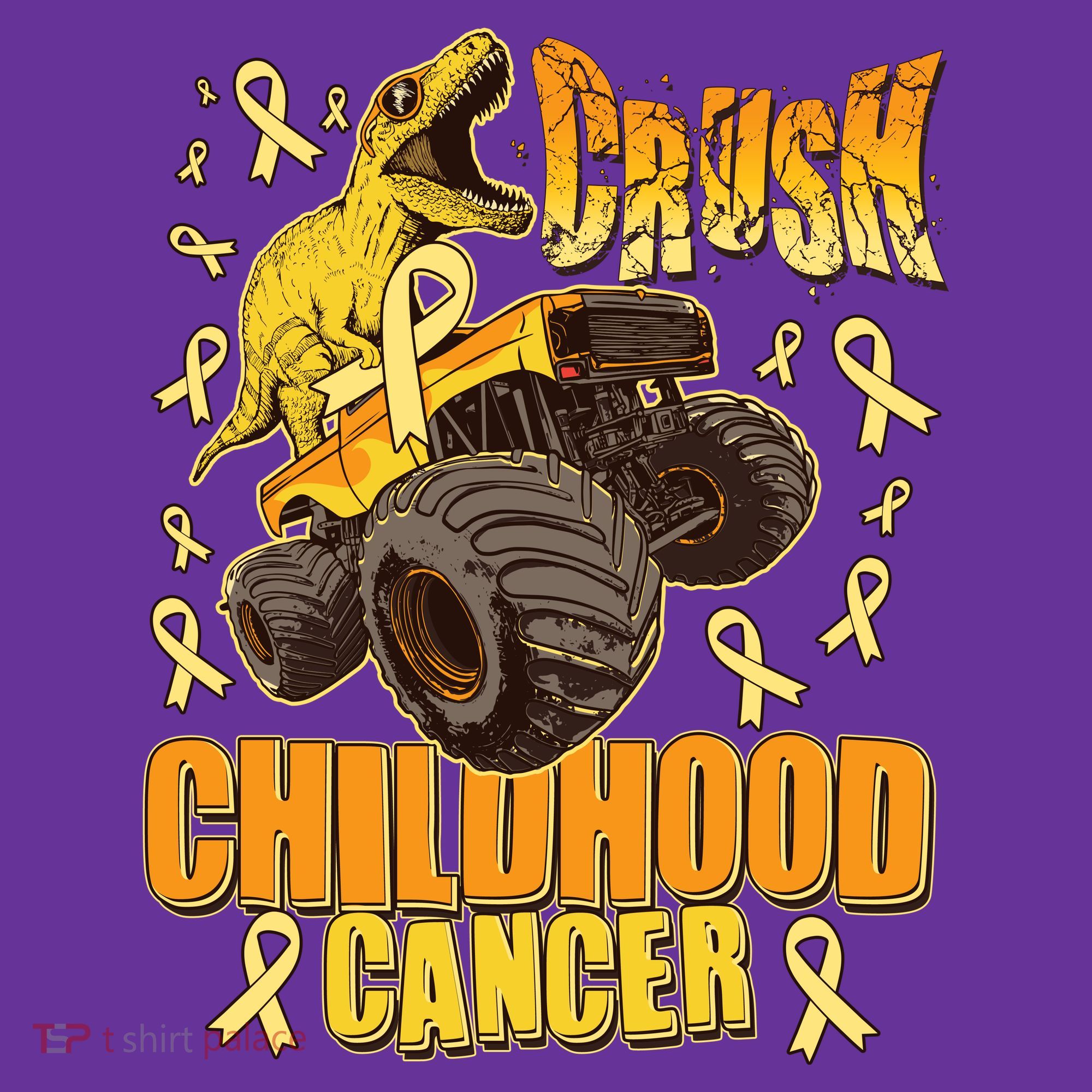 Crush Childhood Cancer Trex Dinosaur Monster Truck Wear Yellow Gold T-Shirt