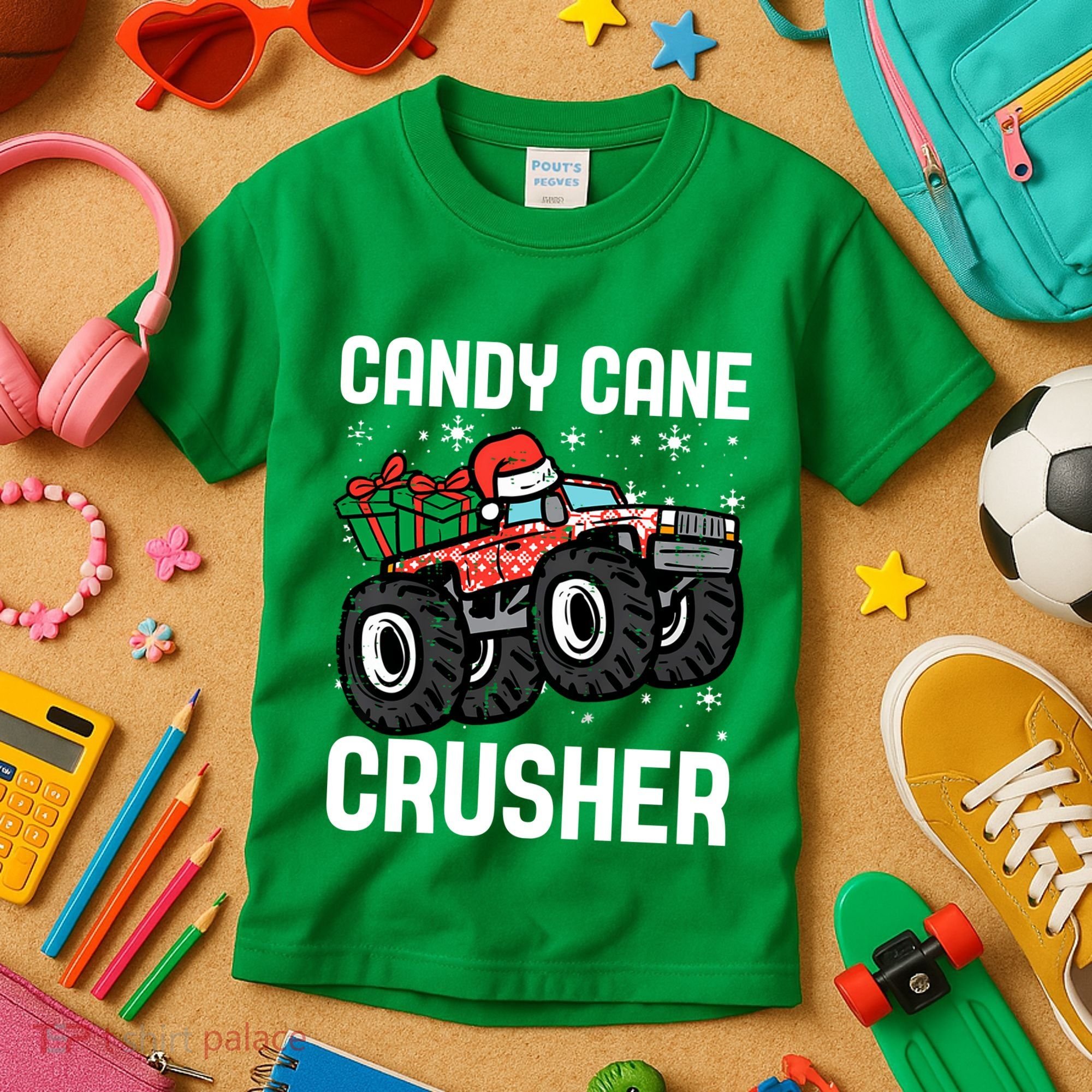 Candy Cane Crusher Christmas Monster Truck Kids T-Shirt