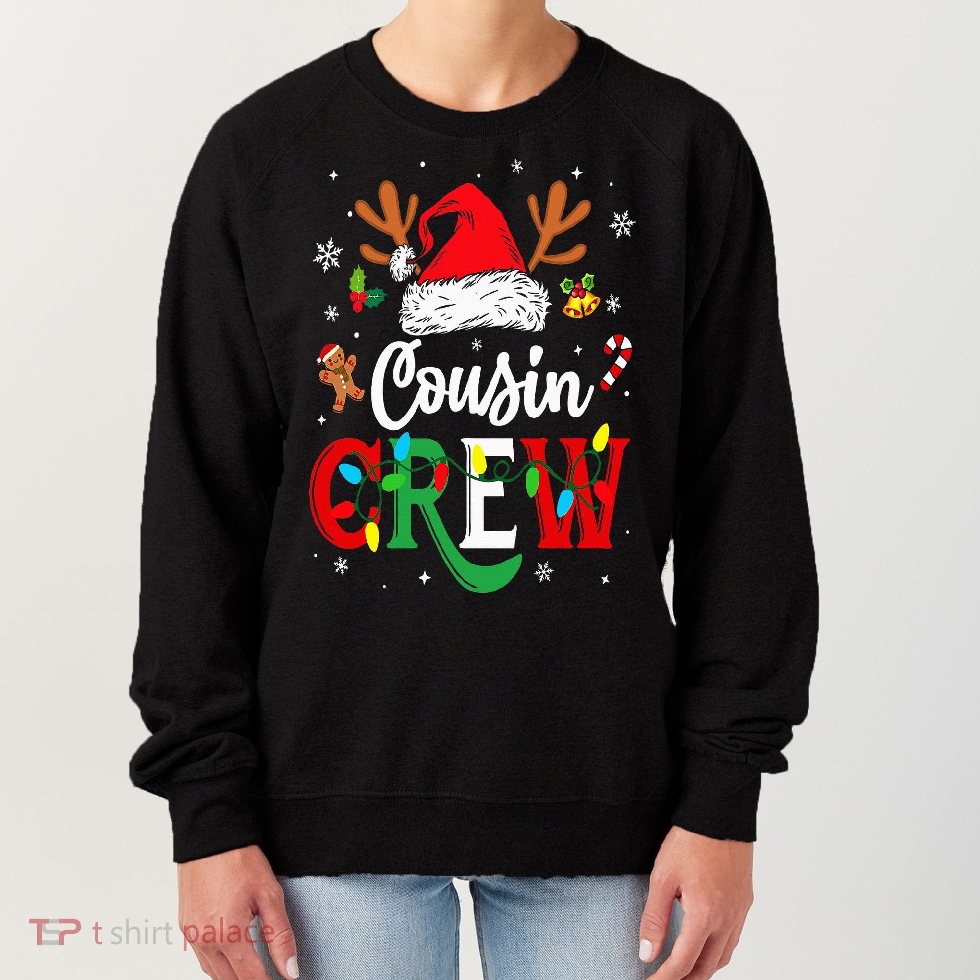 Christmas Cousin Crew Reindeer Santa Hat Lights Women's Sweatshirt