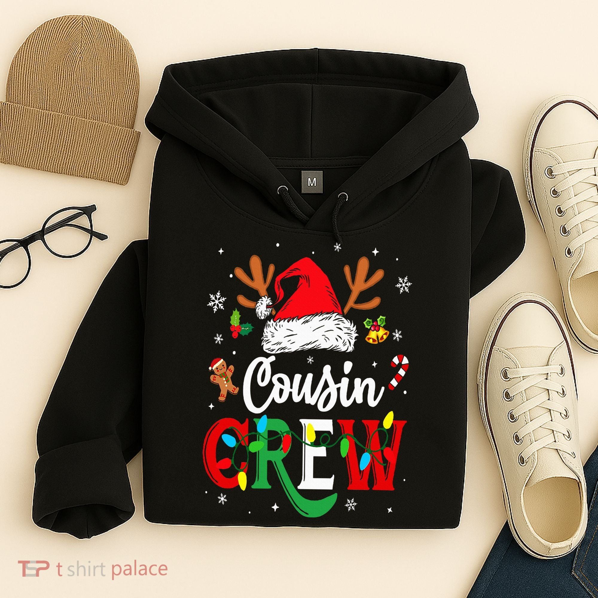 Christmas Cousin Crew Reindeer Santa Hat Lights Hoodie