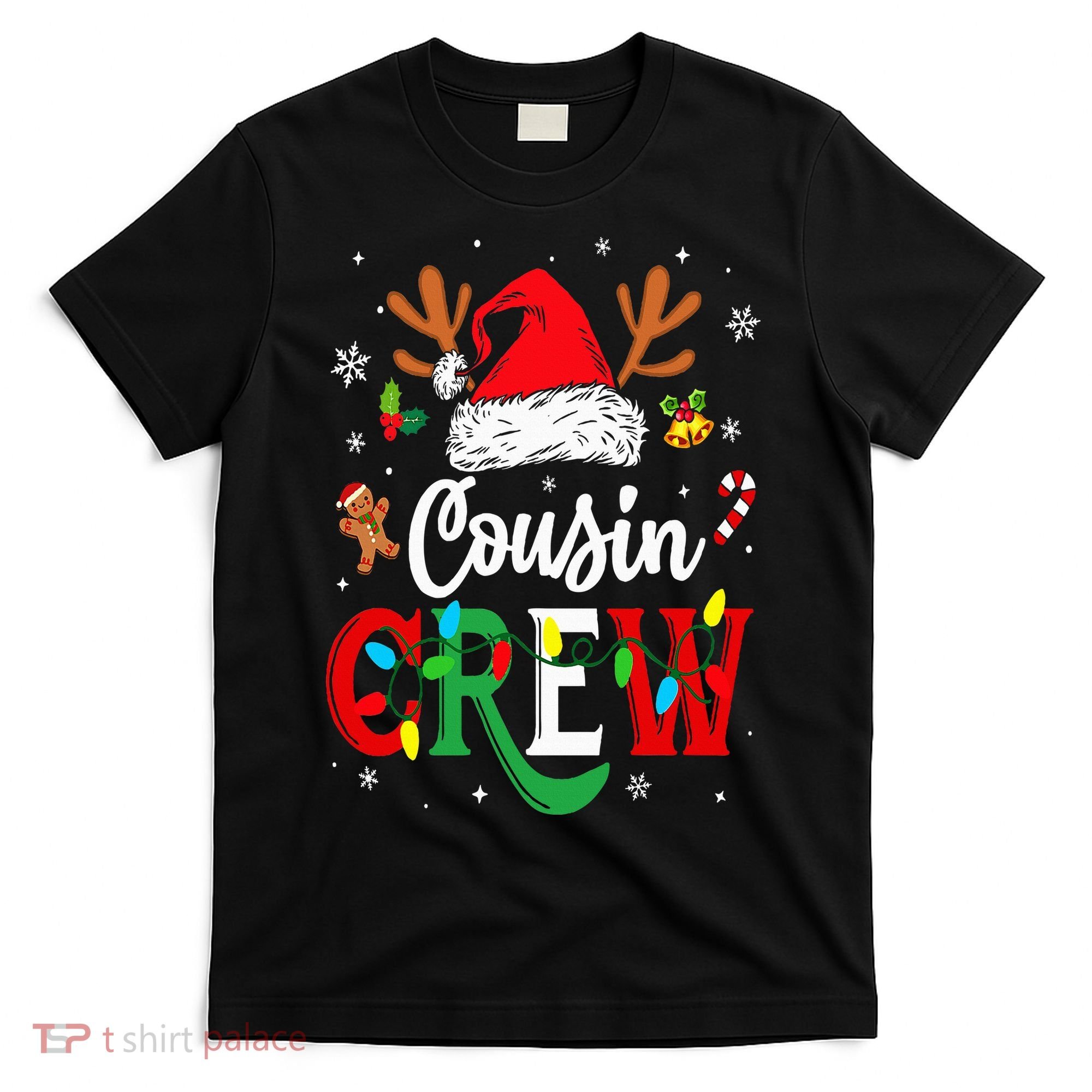 Christmas Cousin Crew Reindeer Santa Hat Lights T-Shirt