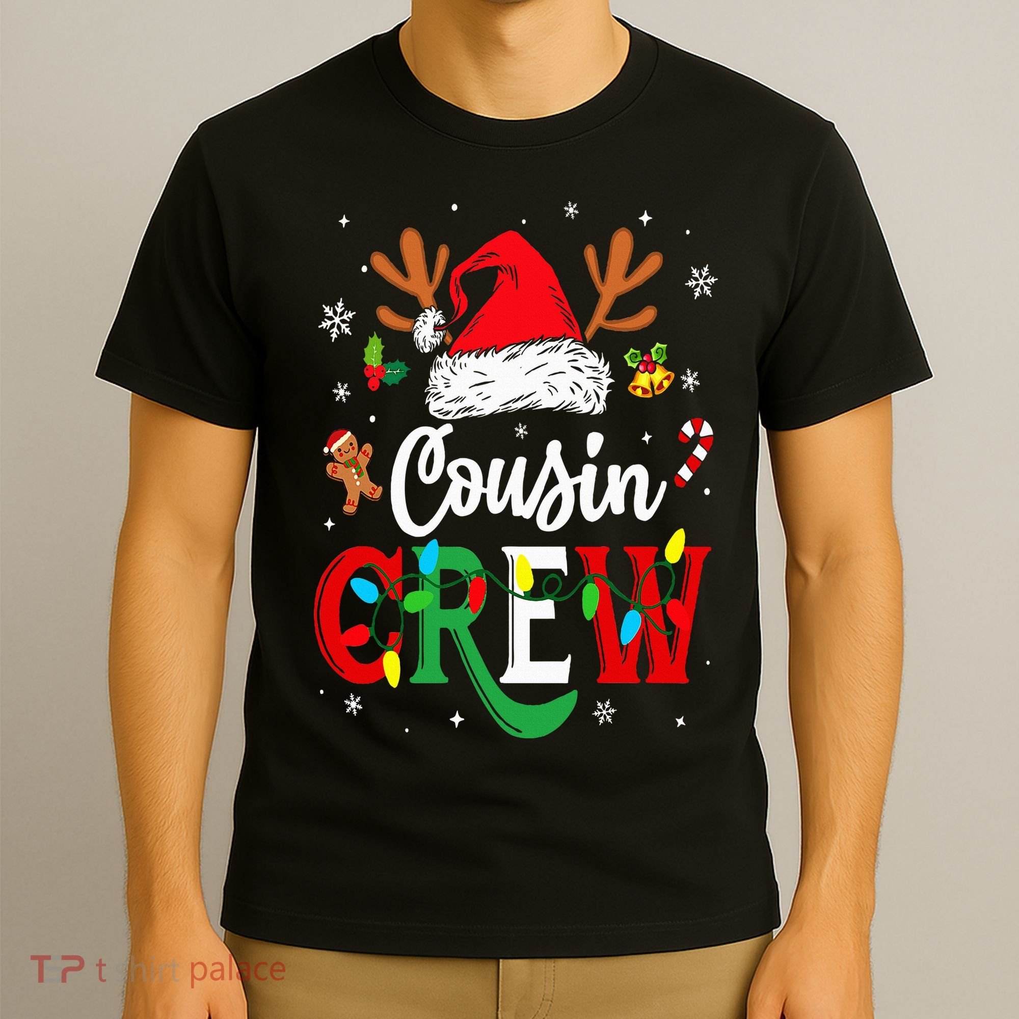 Christmas Cousin Crew Reindeer Santa Hat Lights T-Shirt